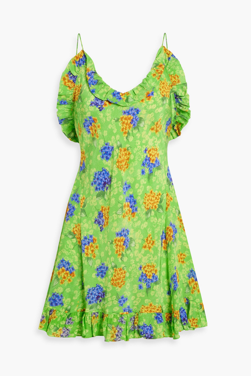 Les Rêveries Ruffled Floral-print Silk Crepe De Chine Mini Dress In Lime Green