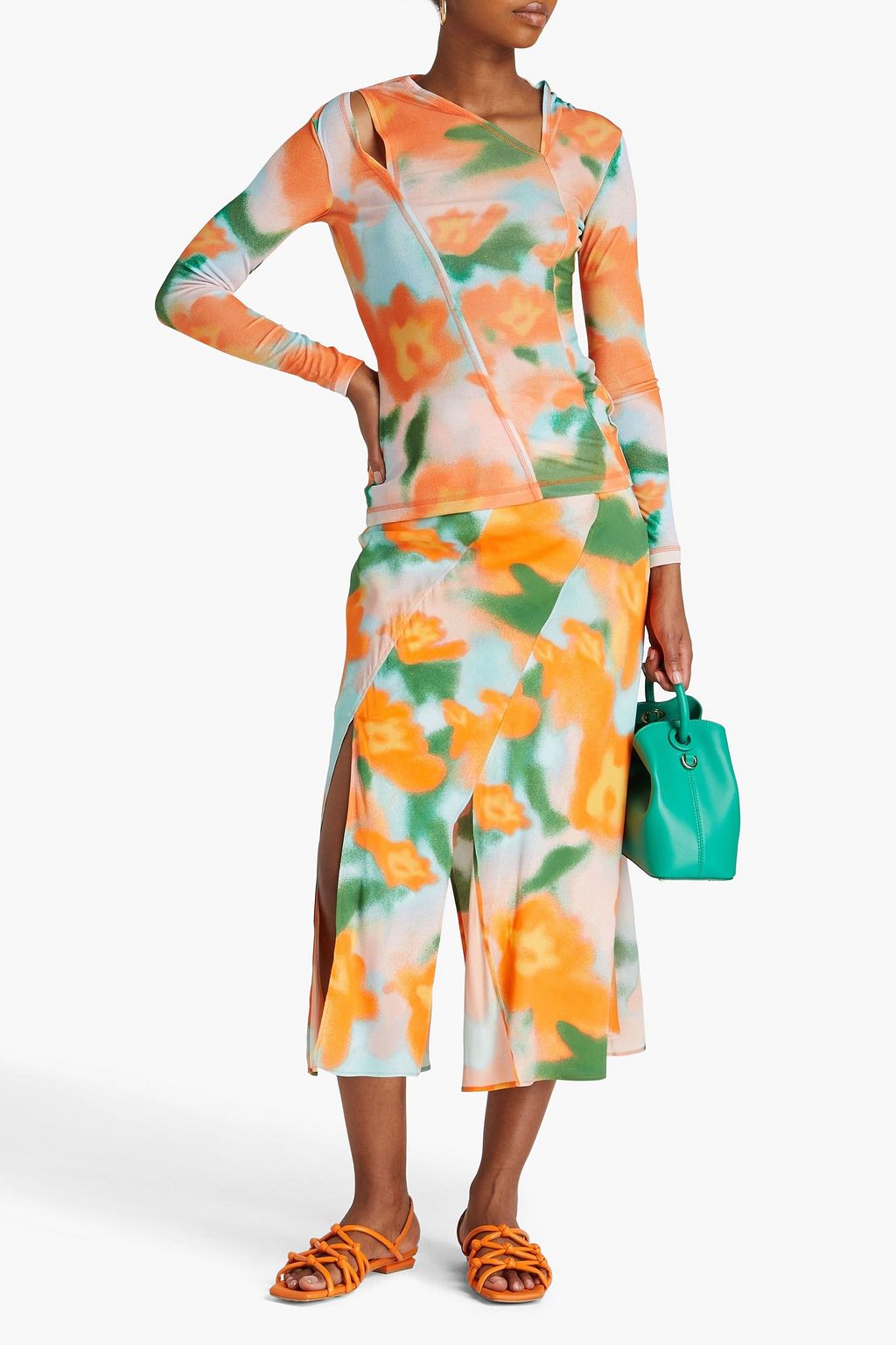 REJINA PYO Asymmetric cutout floral-print stretch-jersey top