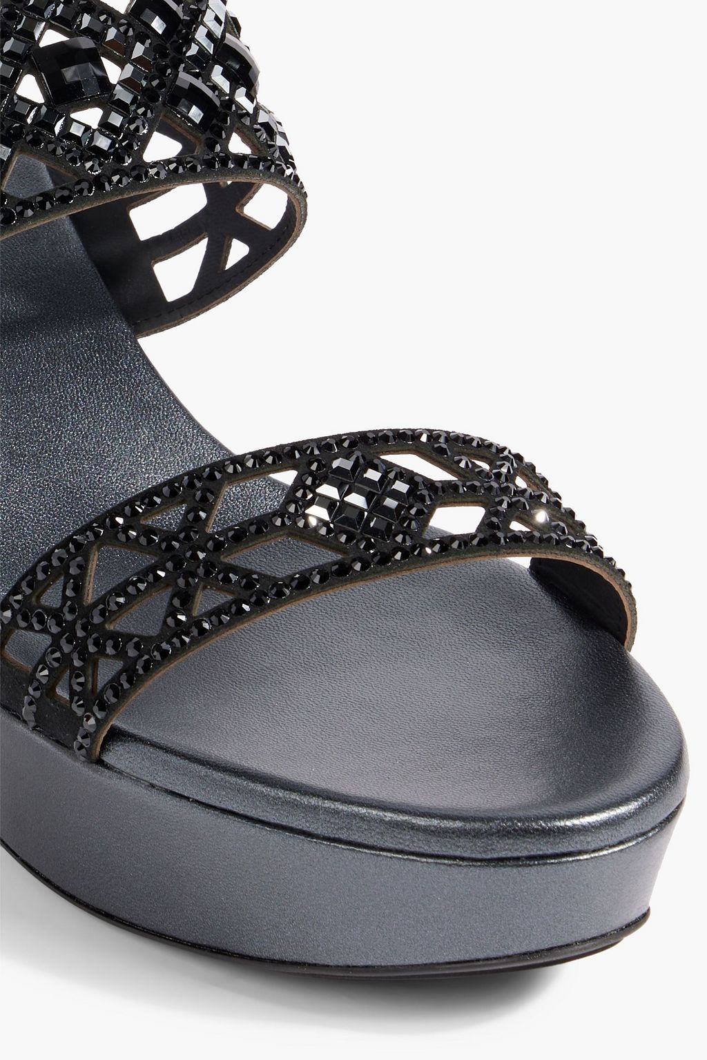 RENE' CAOVILLA Isabel laser-cut crystal-embellished leather wedge mules