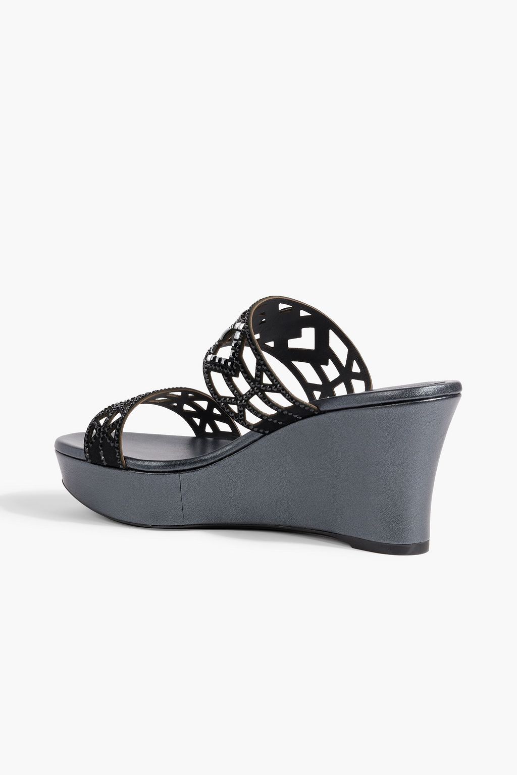 RENE' CAOVILLA Isabel laser-cut crystal-embellished leather wedge mules