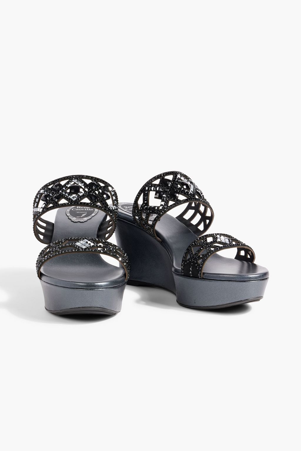 RENE' CAOVILLA Isabel laser-cut crystal-embellished leather wedge mules