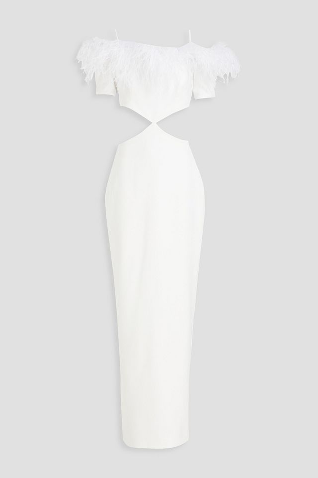 Feather-trimmed cutout crepe gown