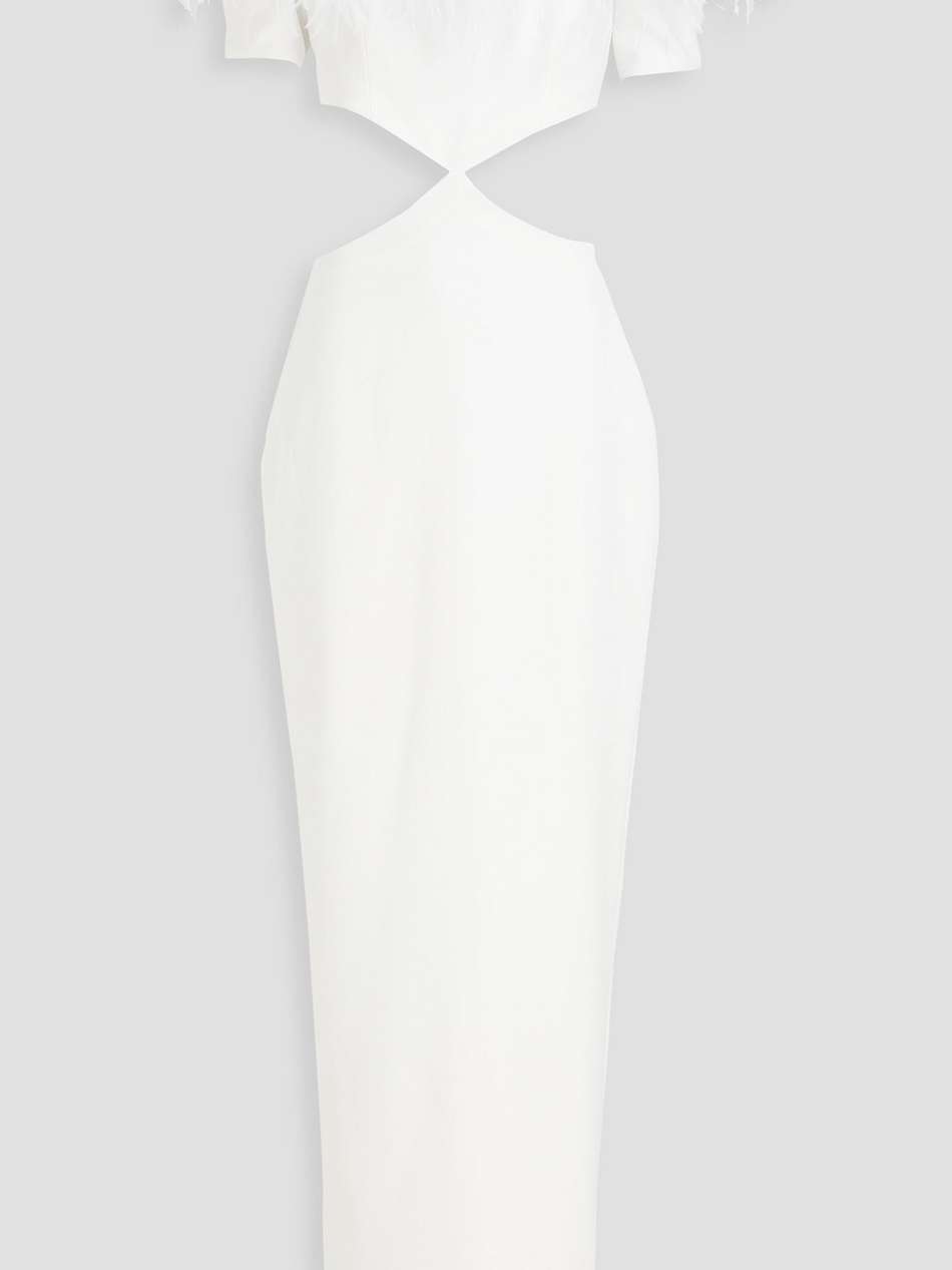 cold-shoulder feather-trimmed crepe maxi dress
