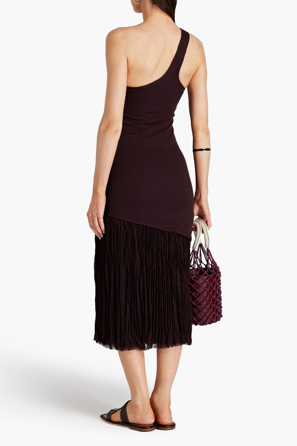  Rejina Pyo - Midikleid Aus Geripptem Jersey Mit Plissiertem Krepon-einsatz Und Asymmetrischer Schulterpartie - Lila - Uk 8 