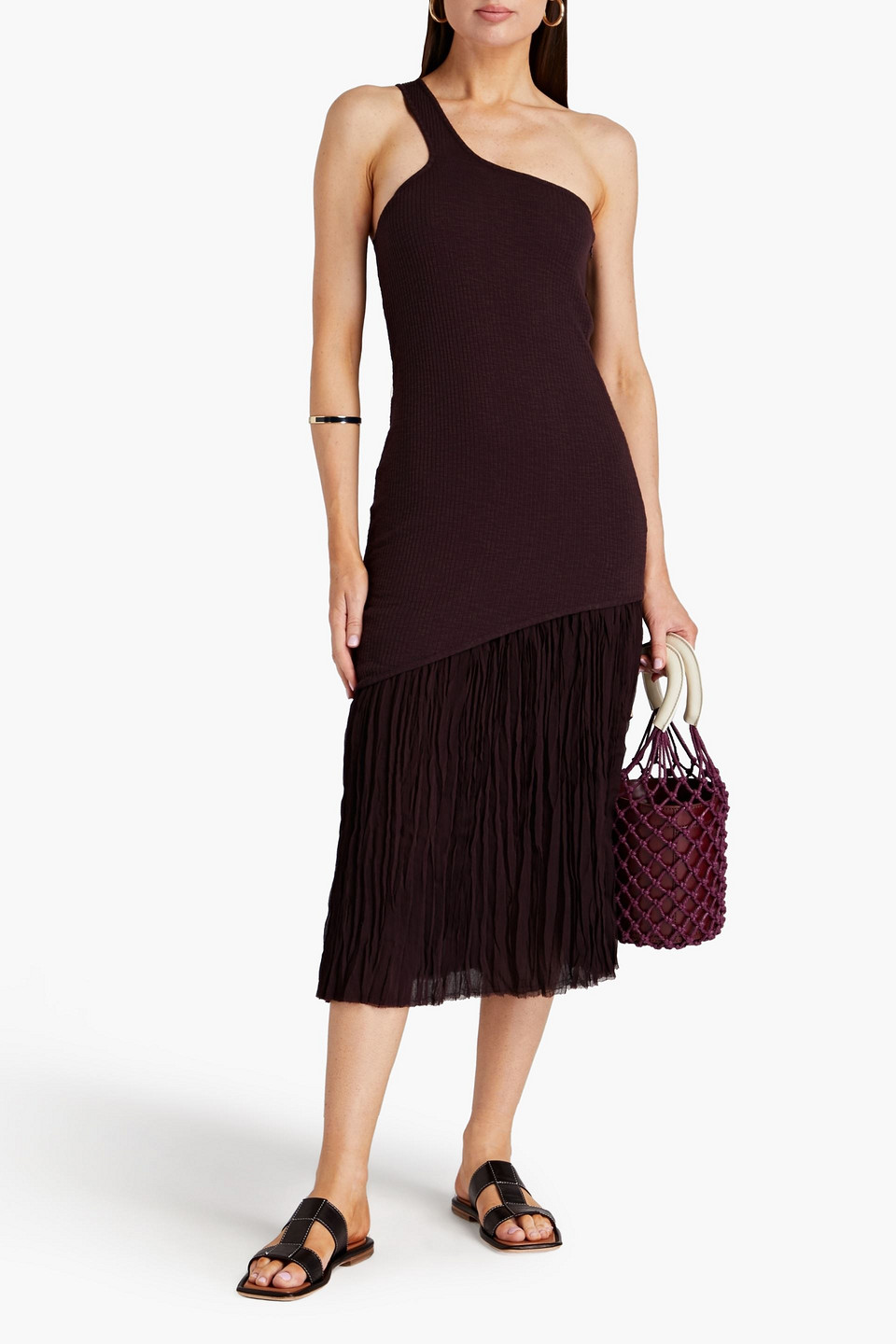  Rejina Pyo - Midikleid Aus Geripptem Jersey Mit Plissiertem Krepon-einsatz Und Asymmetrischer Schulterpartie - Lila - Uk 8 