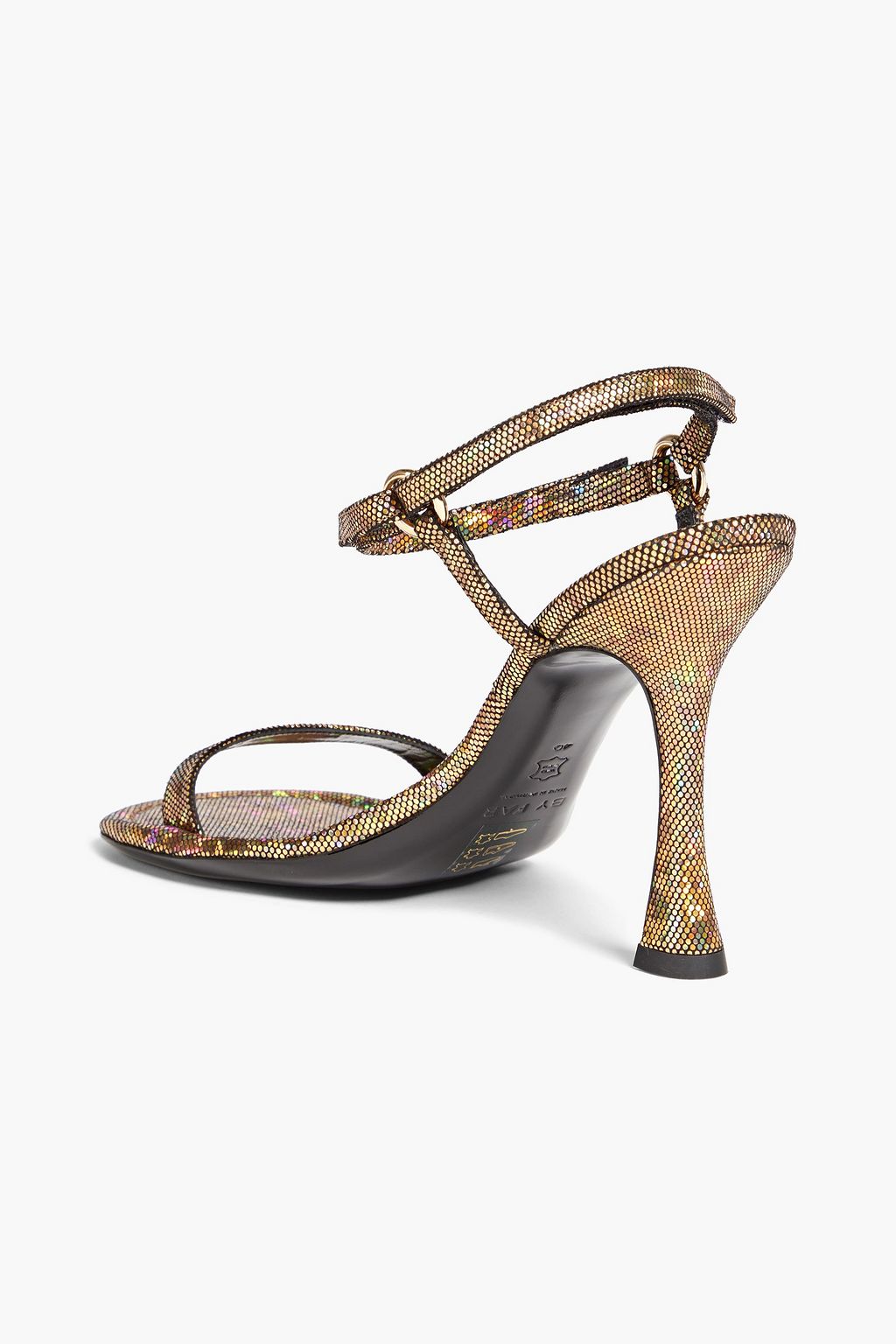 BY FAR Mia iridescent-effect suede sandals