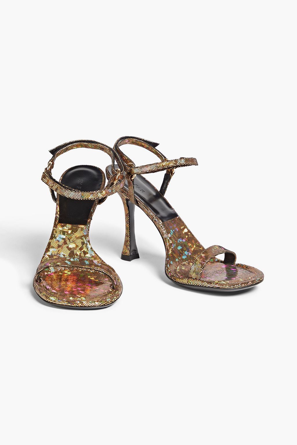 BY FAR Mia iridescent-effect suede sandals