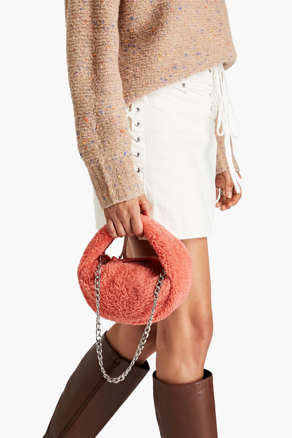 BY FAR Leather-trimmed shearling shoulder bag