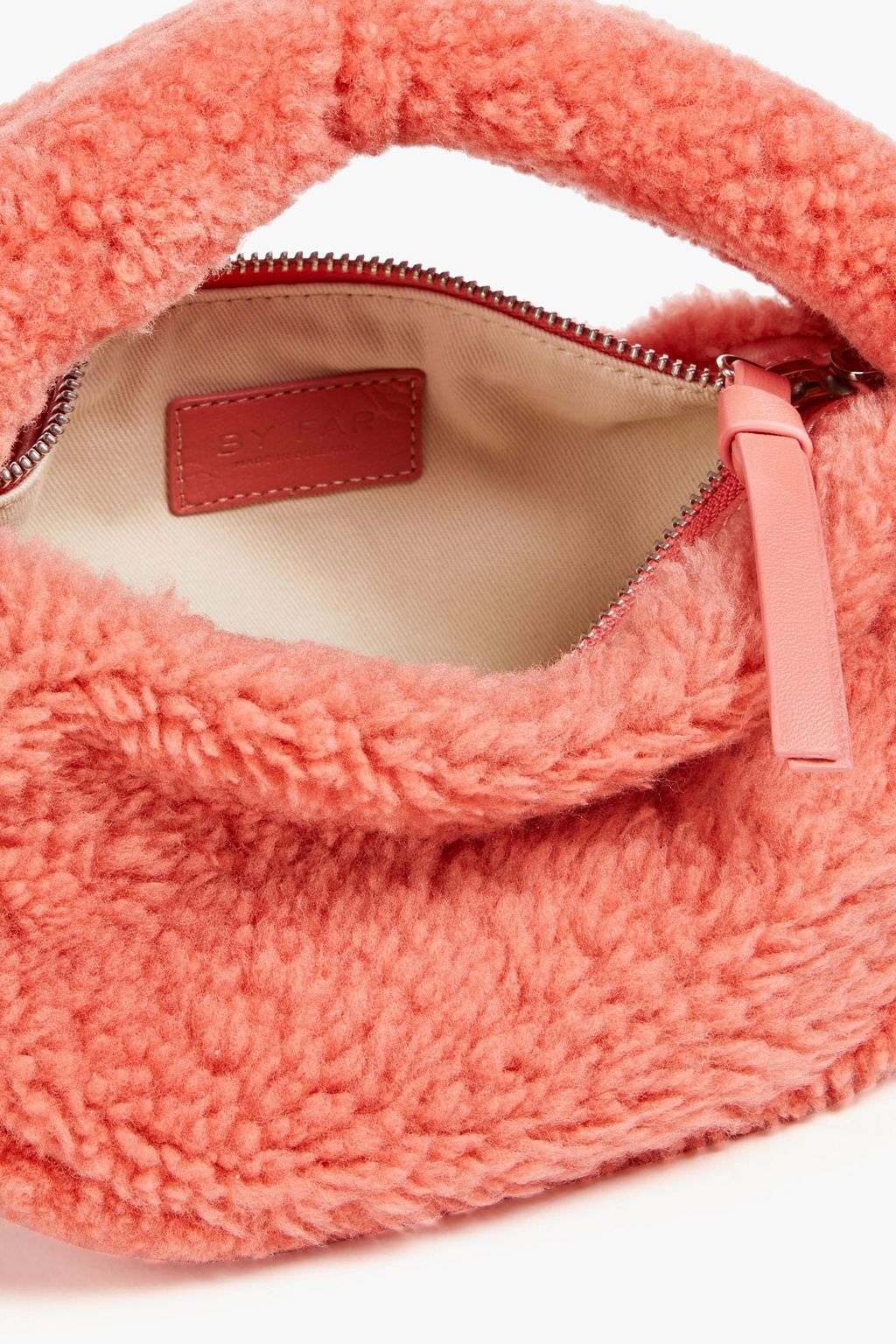 BY FAR Leather-trimmed shearling shoulder bag