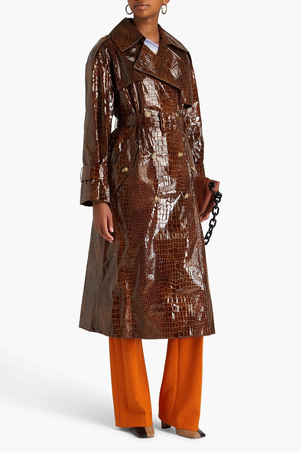 Croc-Effect Leather Trench Coat