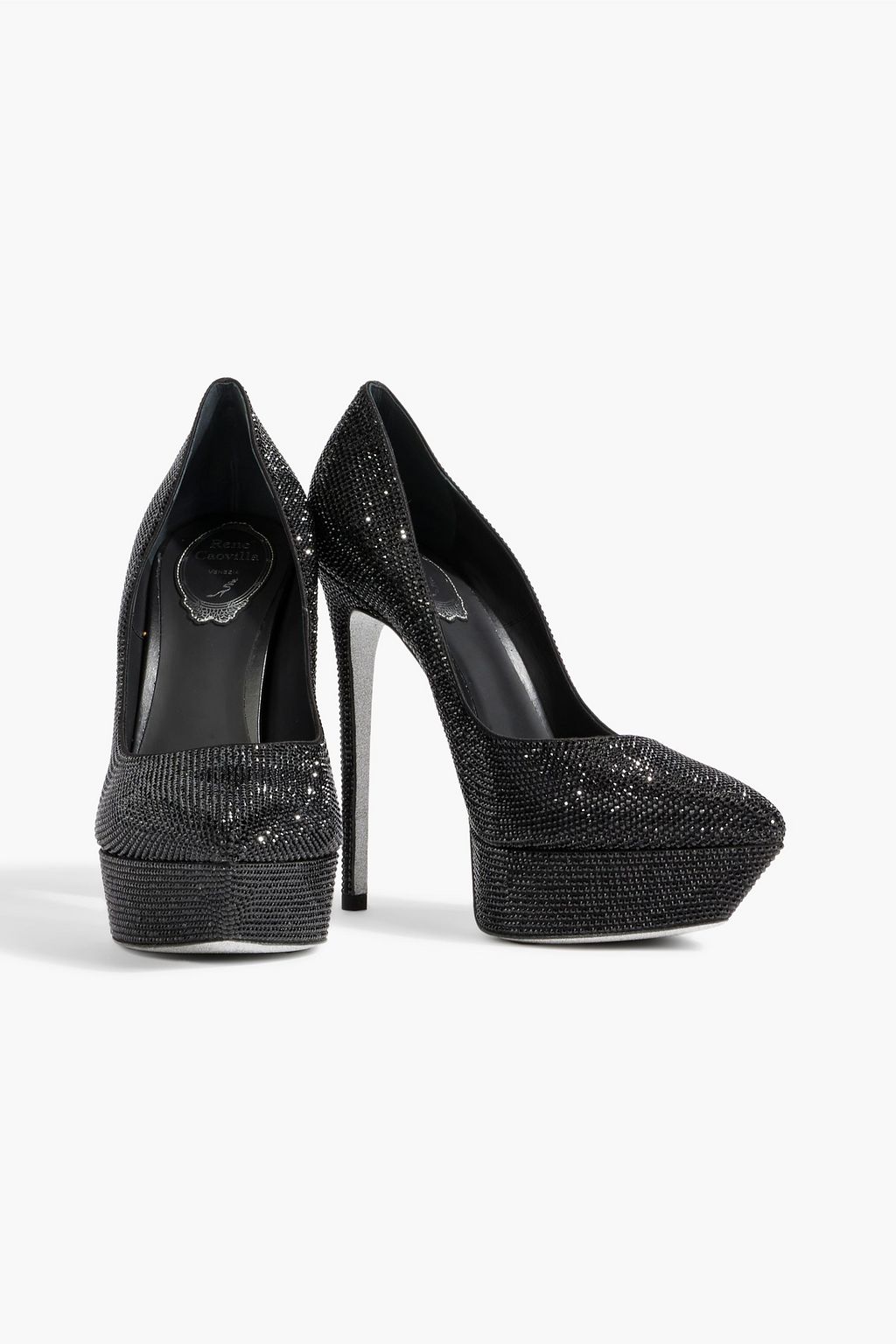 RENE' CAOVILLA Crystal-embellished satin platform pumps