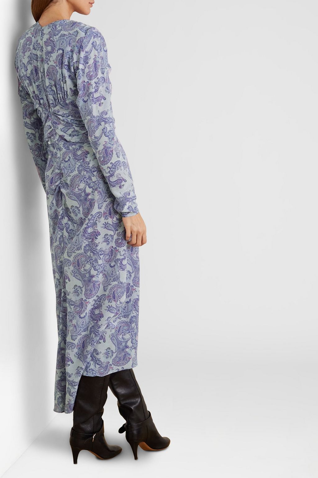 ISABEL MARANT 컷아웃 루쉬 디테일 페이즐리 프린트 실크 크레이프 미디 드레스