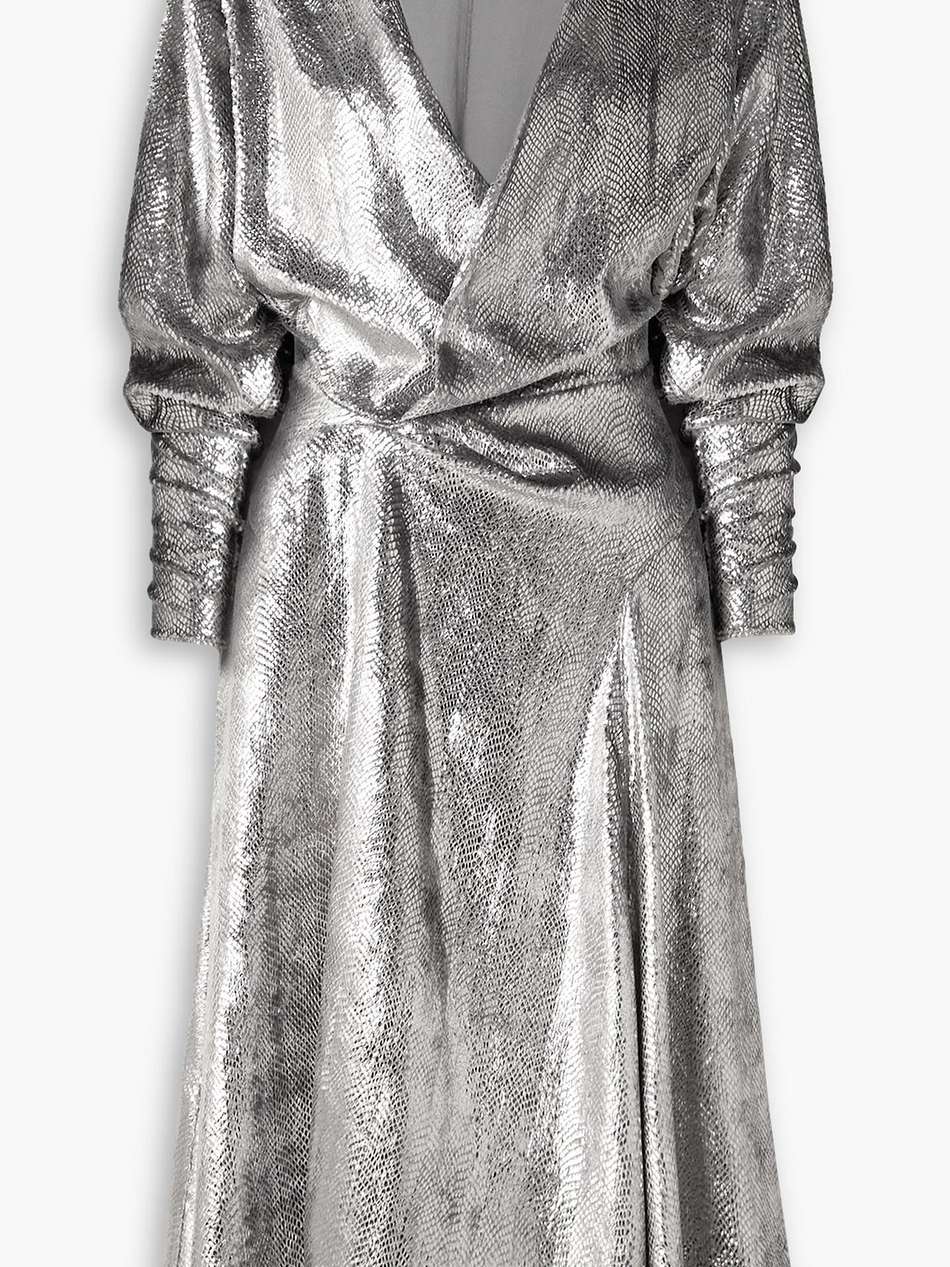 courtneya ruched snake-print lamé midi dress