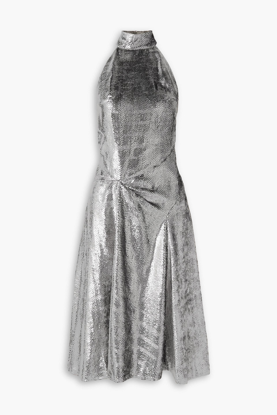 Isabel Marant Naionea Draped Snake-print Lamé Halterneck Midi Dress In Silber