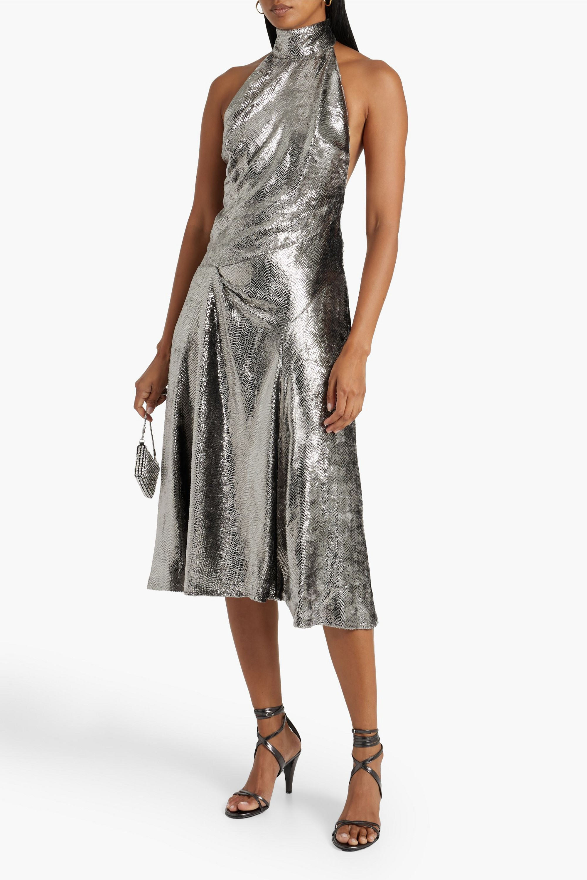 Isabel Marant Naionea draped snake-print lamé halterneck midi dress