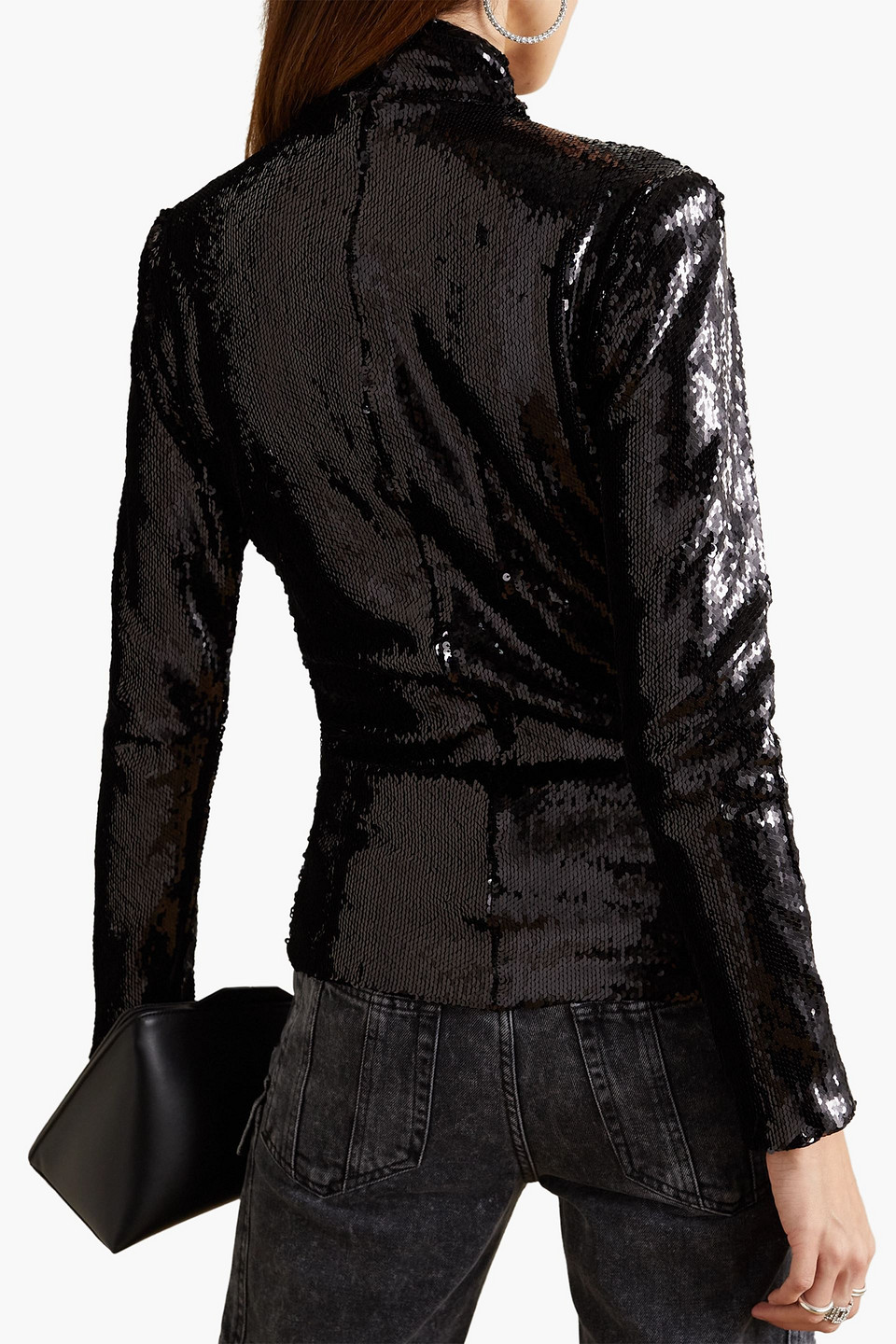 Isabel Marant Milana Ruched Cutout Sequined Cotton-jersey Turtleneck Top In Schwarz