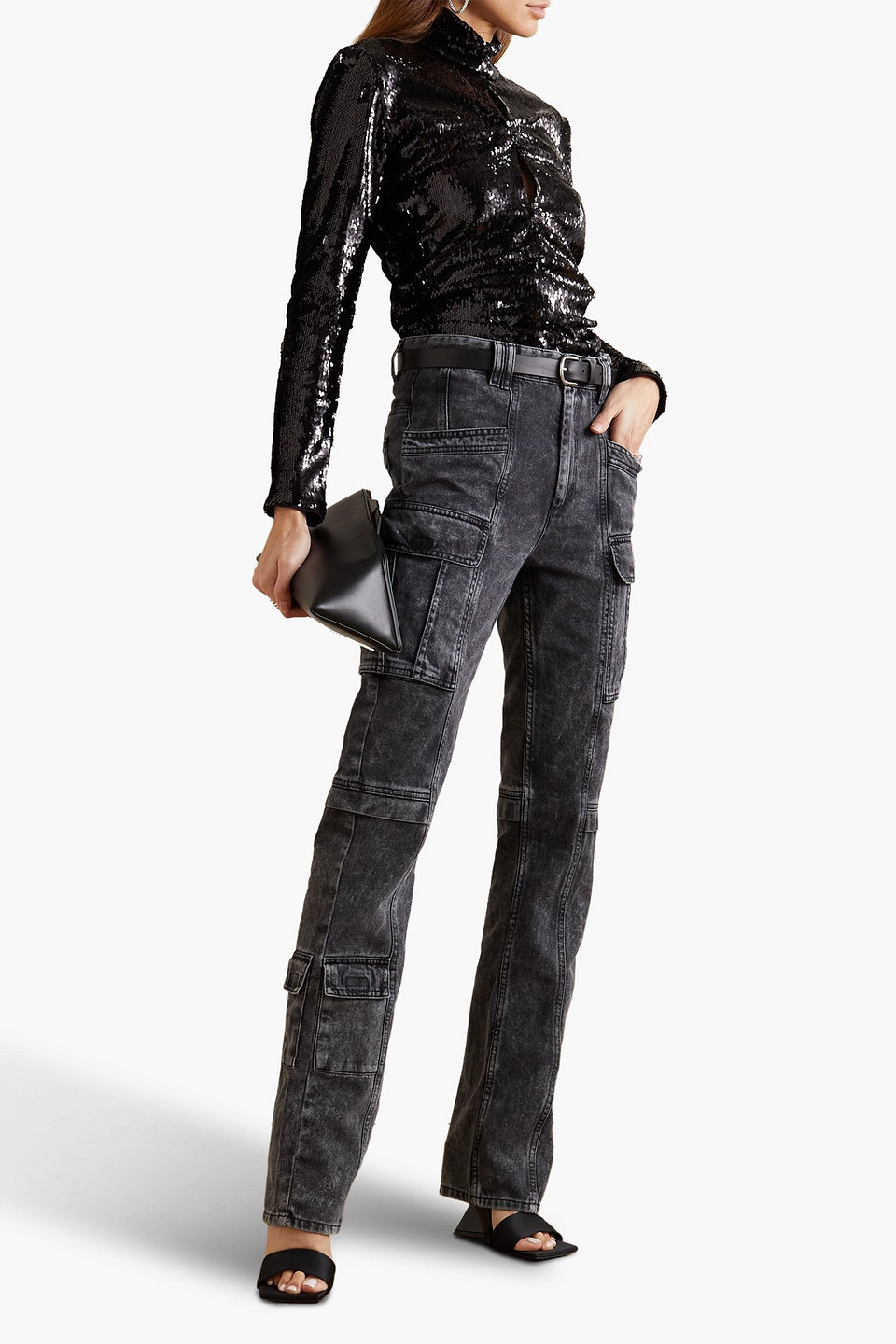 Isabel Marant Milana Ruched Cutout Sequined Cotton-jersey Turtleneck Top In Schwarz