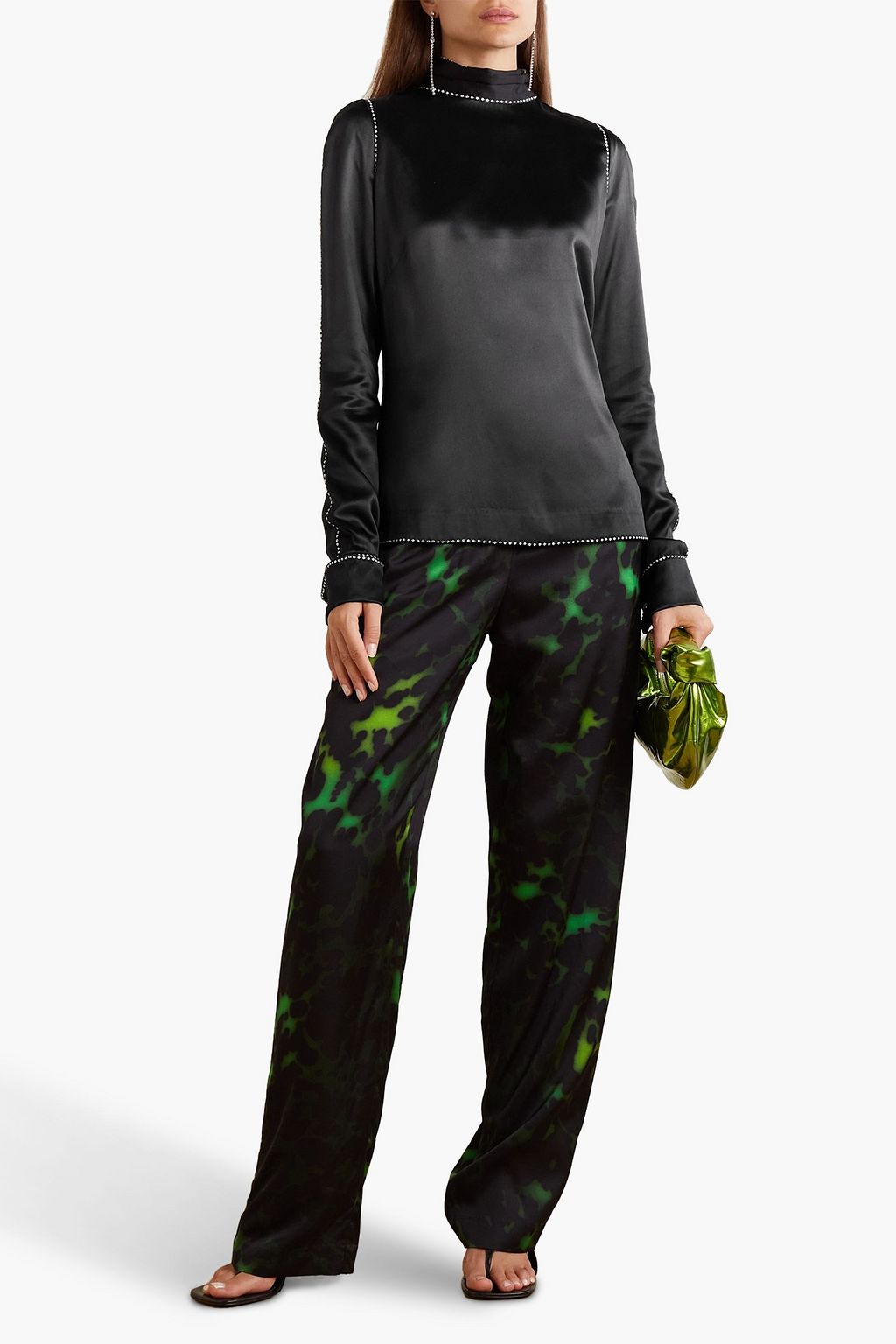 DRIES VAN NOTEN Tie-detailed crystal-embellished silk-satin blouse