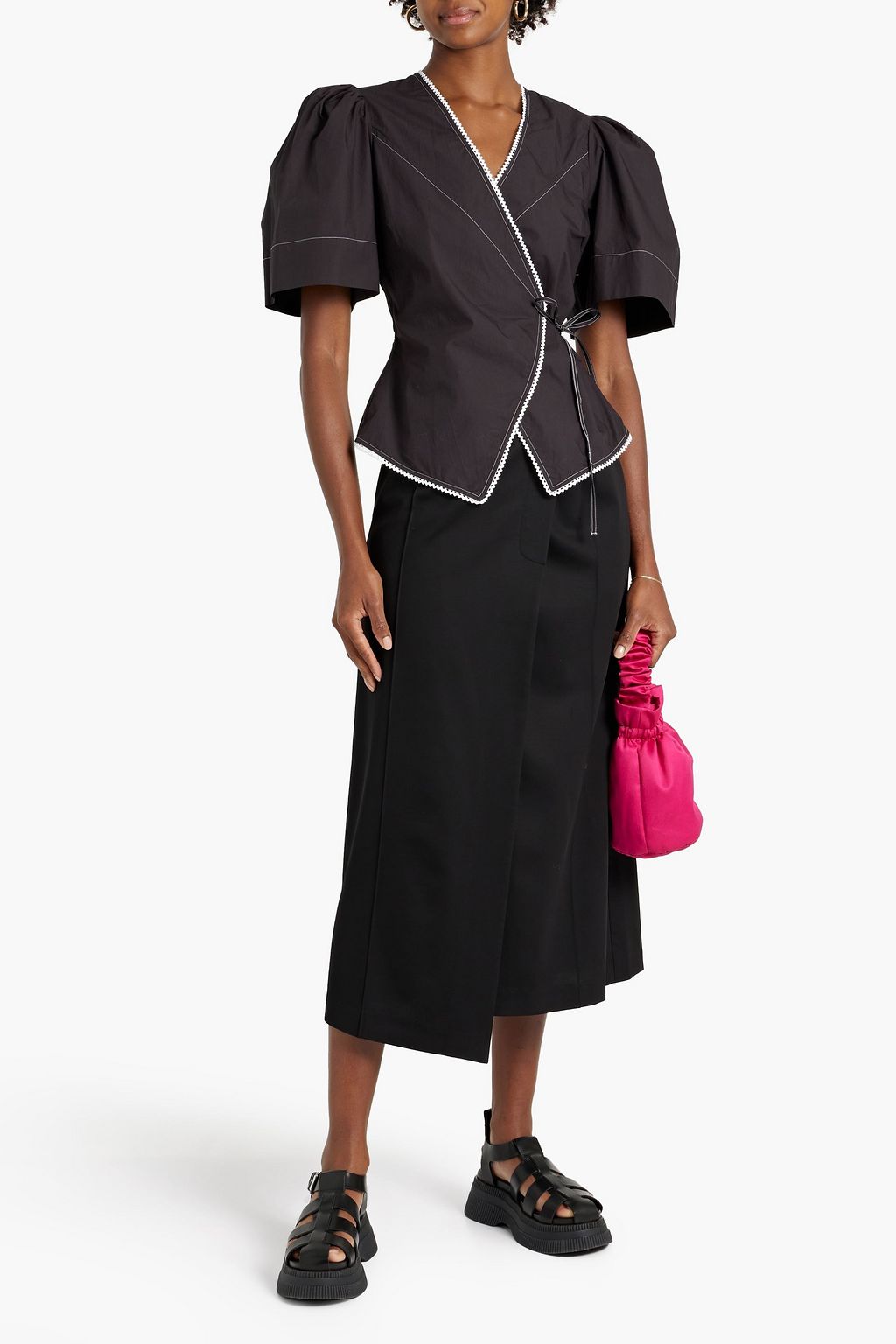 GANNI Picot-trimmed cotton-poplin wrap top