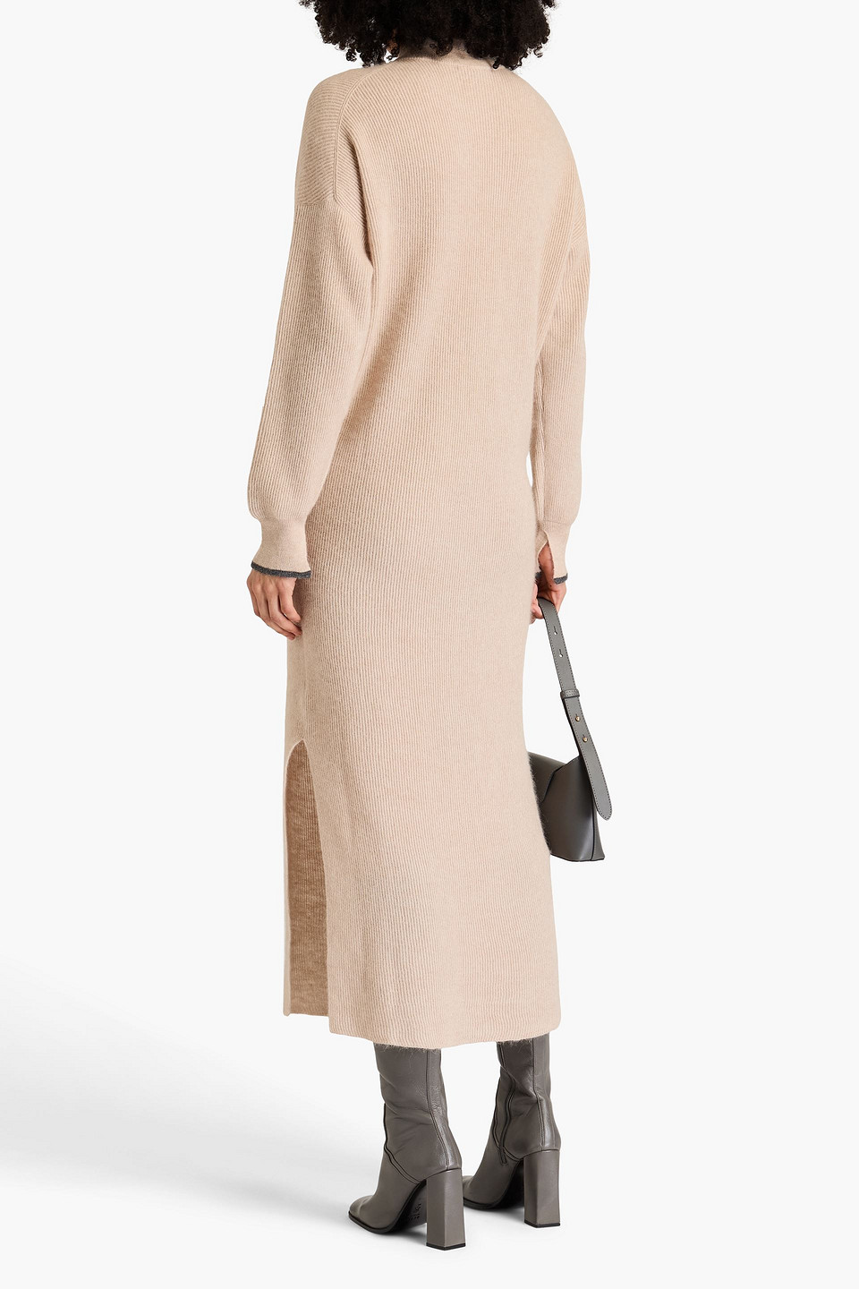 Brunello Cucinelli Bead-embellished Ribbed Alpaca And Cotton-blend Midi Dress In Sand