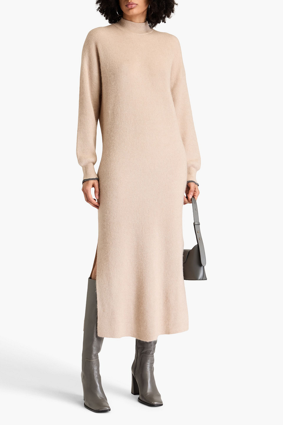 Brunello Cucinelli Bead-embellished Ribbed Alpaca And Cotton-blend Midi Dress In Sand