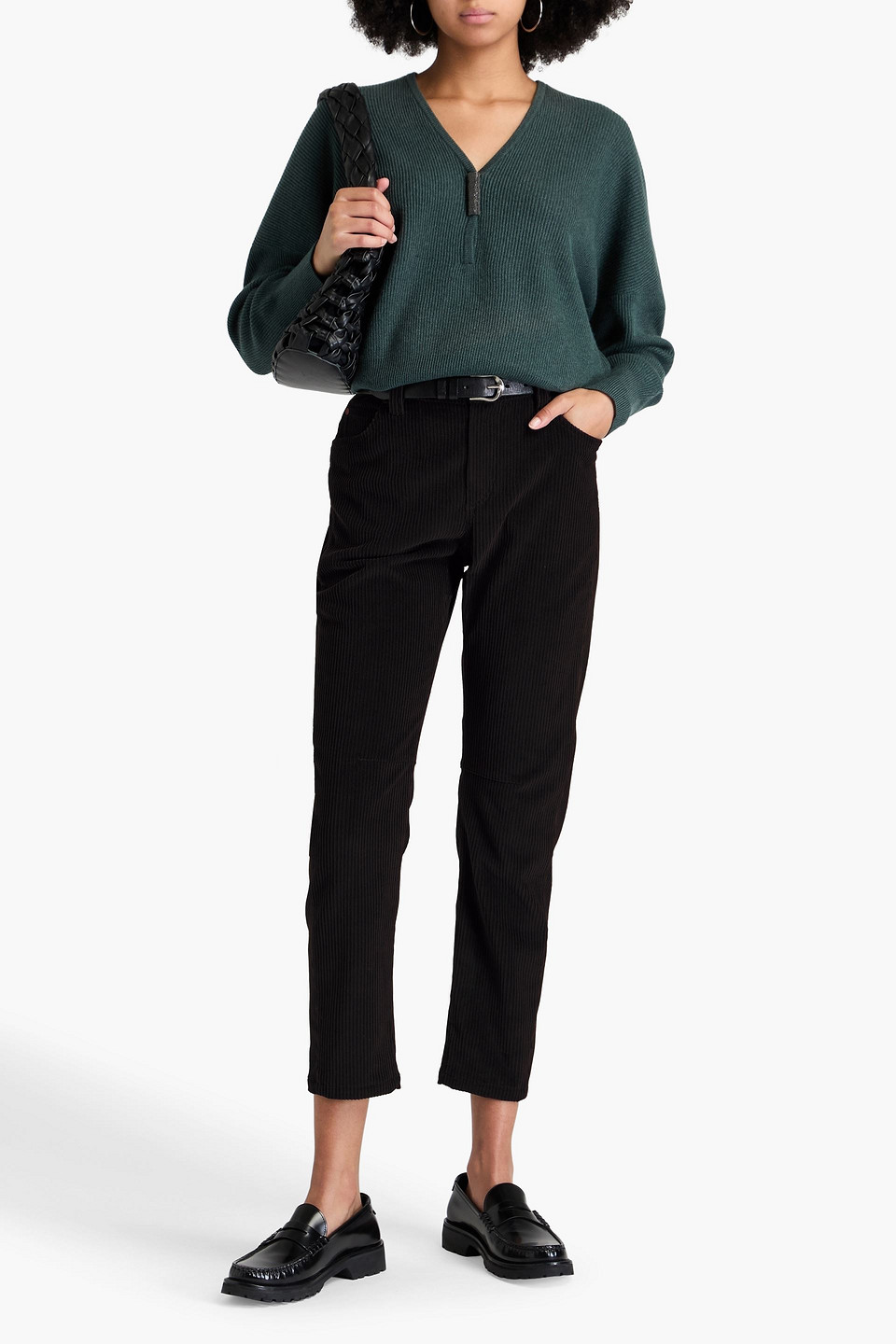 Brunello Cucinelli Cropped Bead-embellished Cotton-blend Corduroy Straight-leg Pants In Black