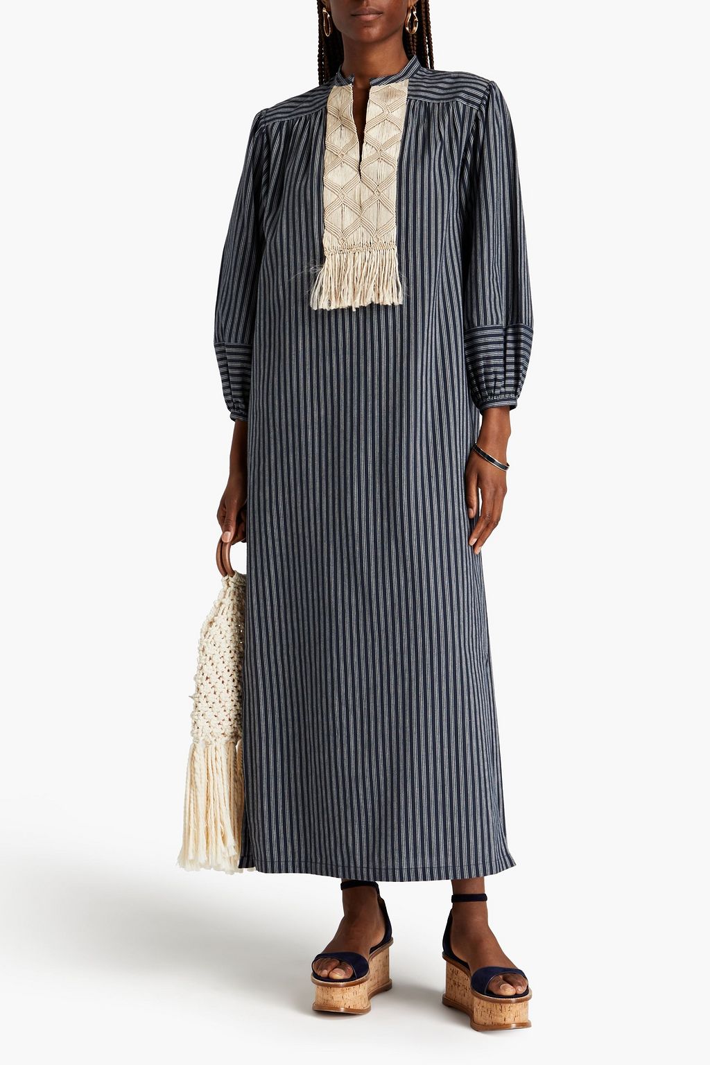 TORY BURCH قفطان من قطن مكراميه بتصميم مخطط مزين بكرات