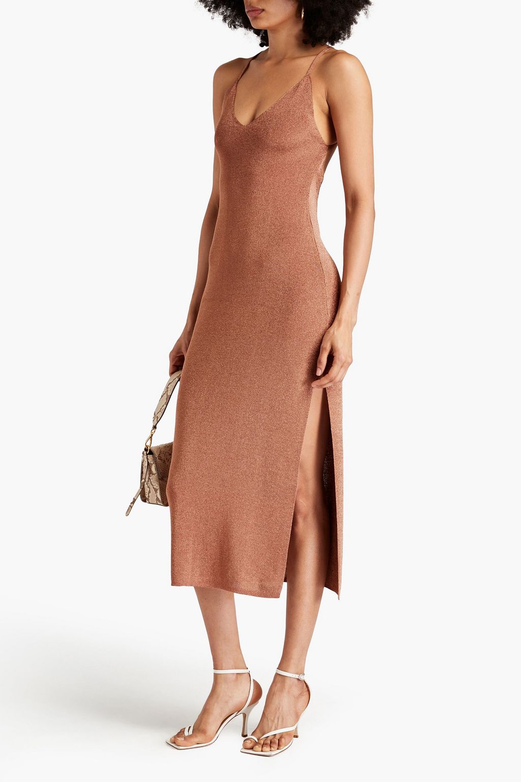 BA&SH فستان متوسط الطول من نسيج محبوك مطاط لون معدني