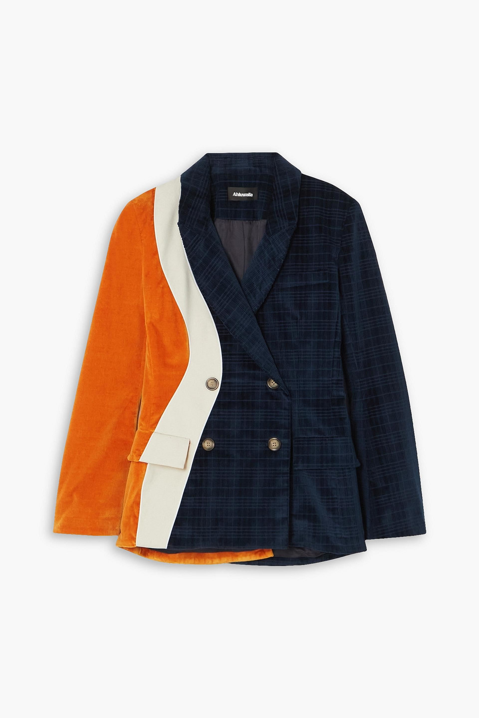 Ahluwalia Tosin Double-breasted Cotton-blend Velvet And Twill Blazer In Navy