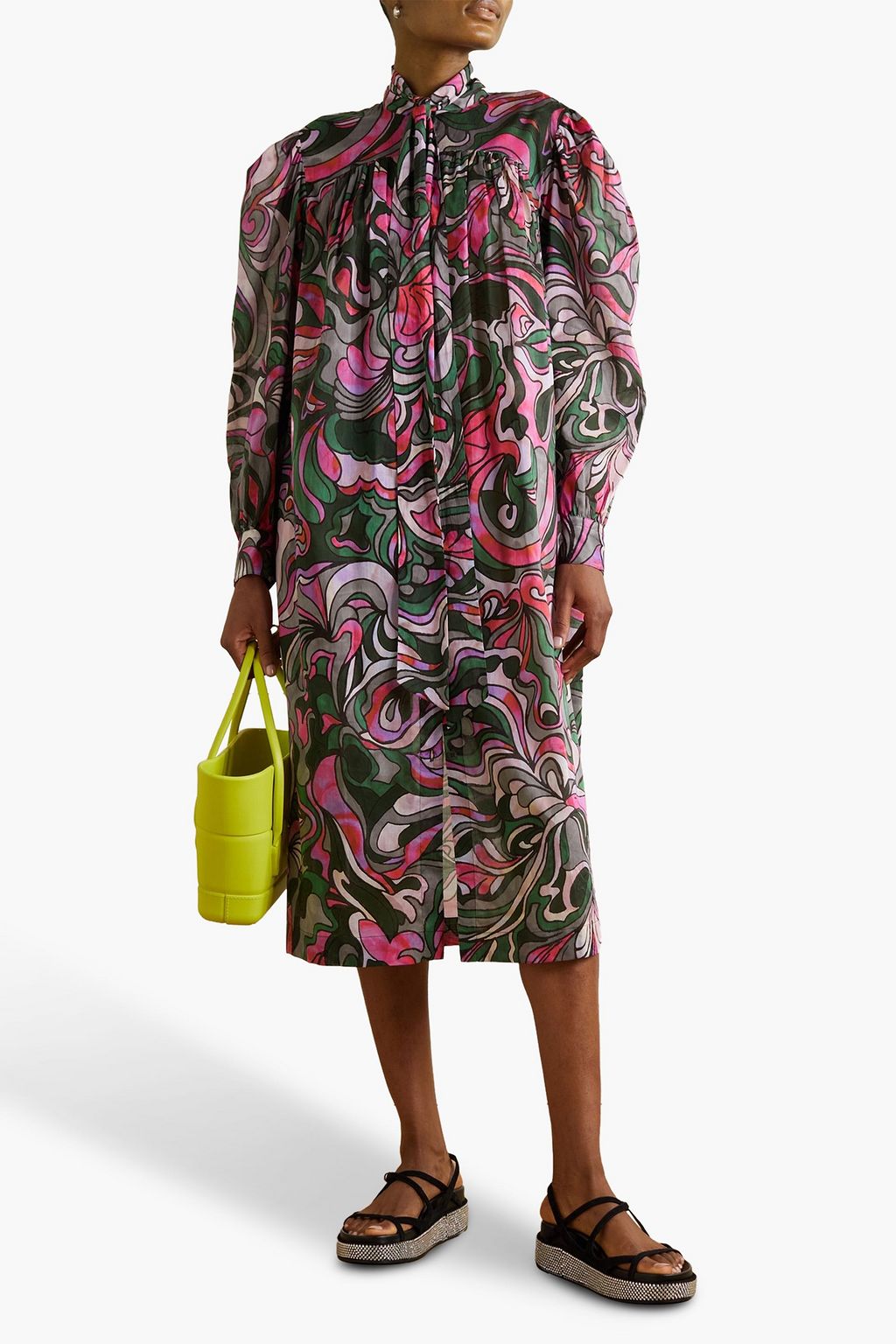DRIES VAN NOTEN 푸시 보우 프린트 코튼 보일 미디 드레스