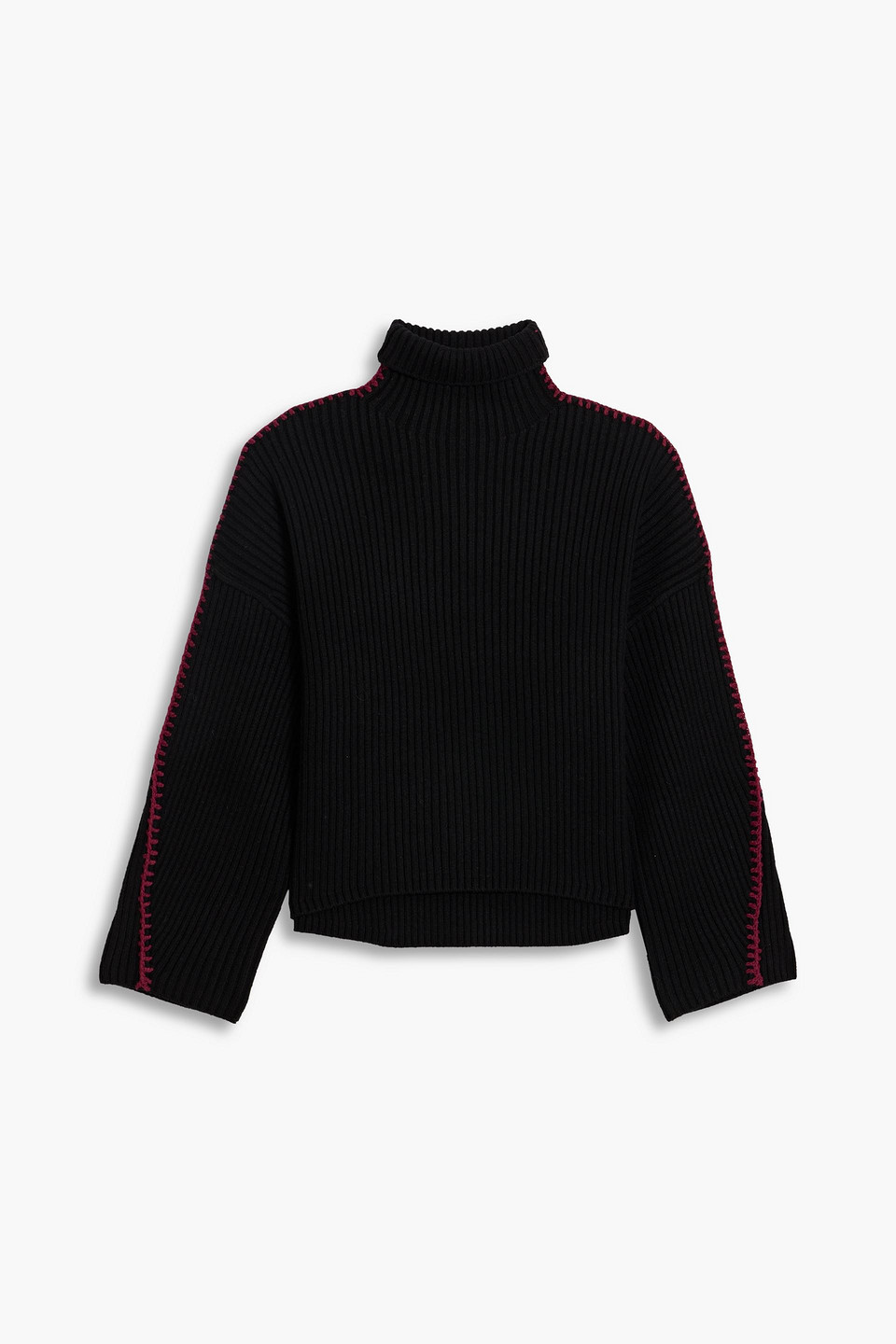 rag & bone - Ingrid whipstitched ribbed wool turtleneck sweater - Burgundy - XS