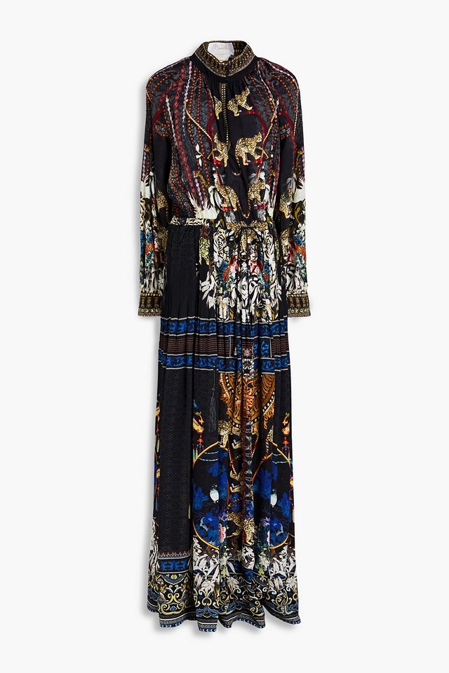 Gathered printed silk maxi dress