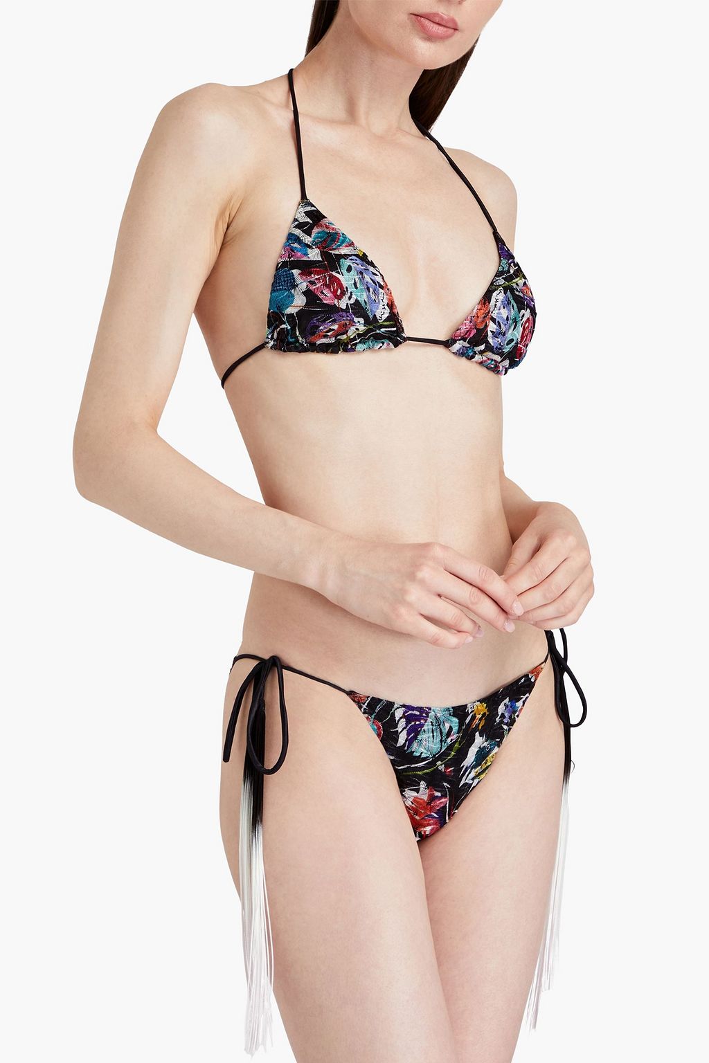MISSONI Fringed floral-print crochet-knit triangle bikini