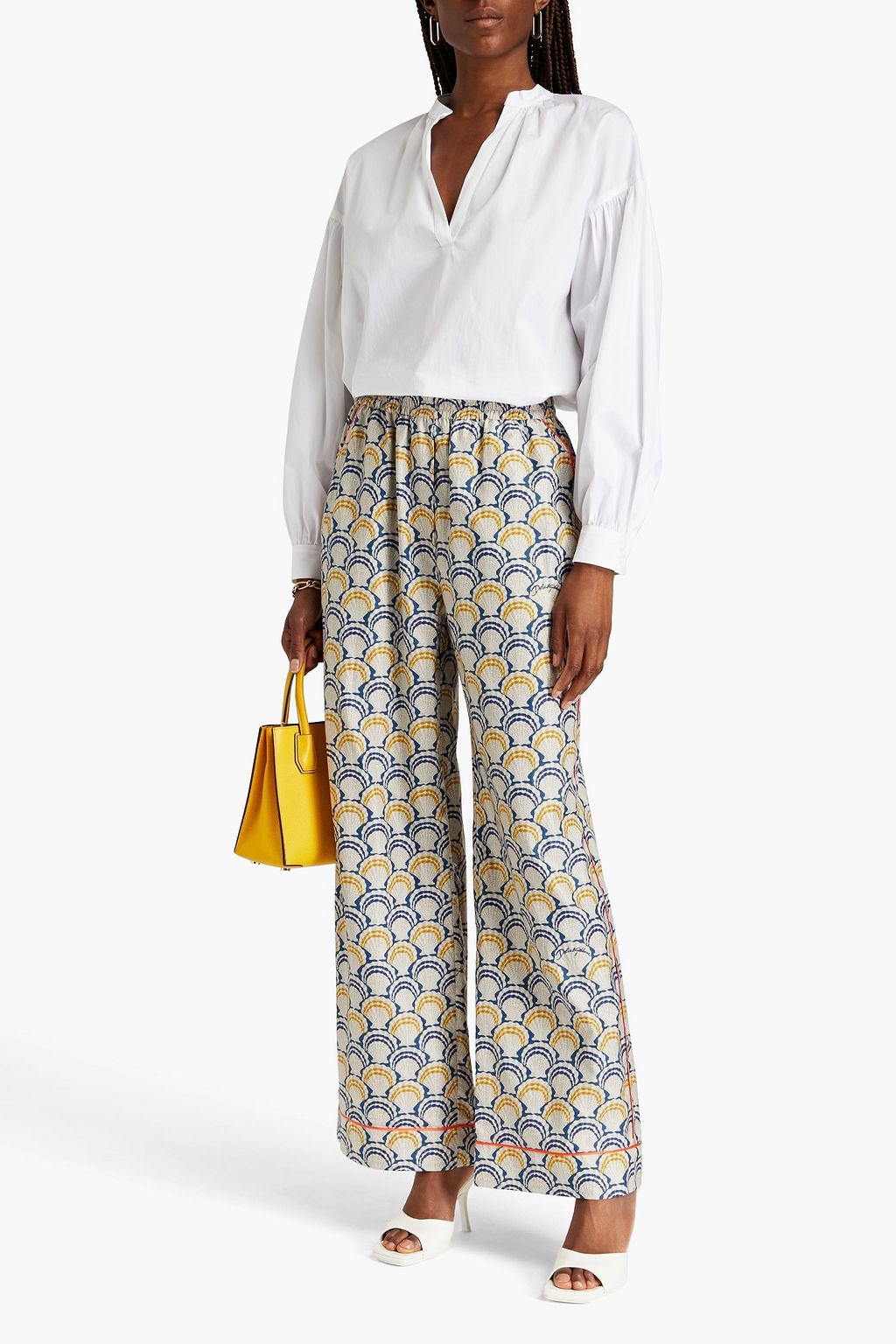 DOLCE&GABBANA Geraffte Hose mit weitem Bein aus einer Baumwoll-Seidenmischung mit Print
