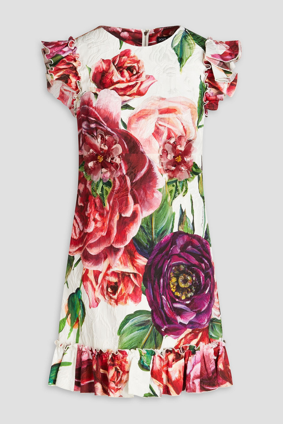 dolce&gabbana - ruffled floral-print cotton-blend jacquard mini dress - multicolor - it 38