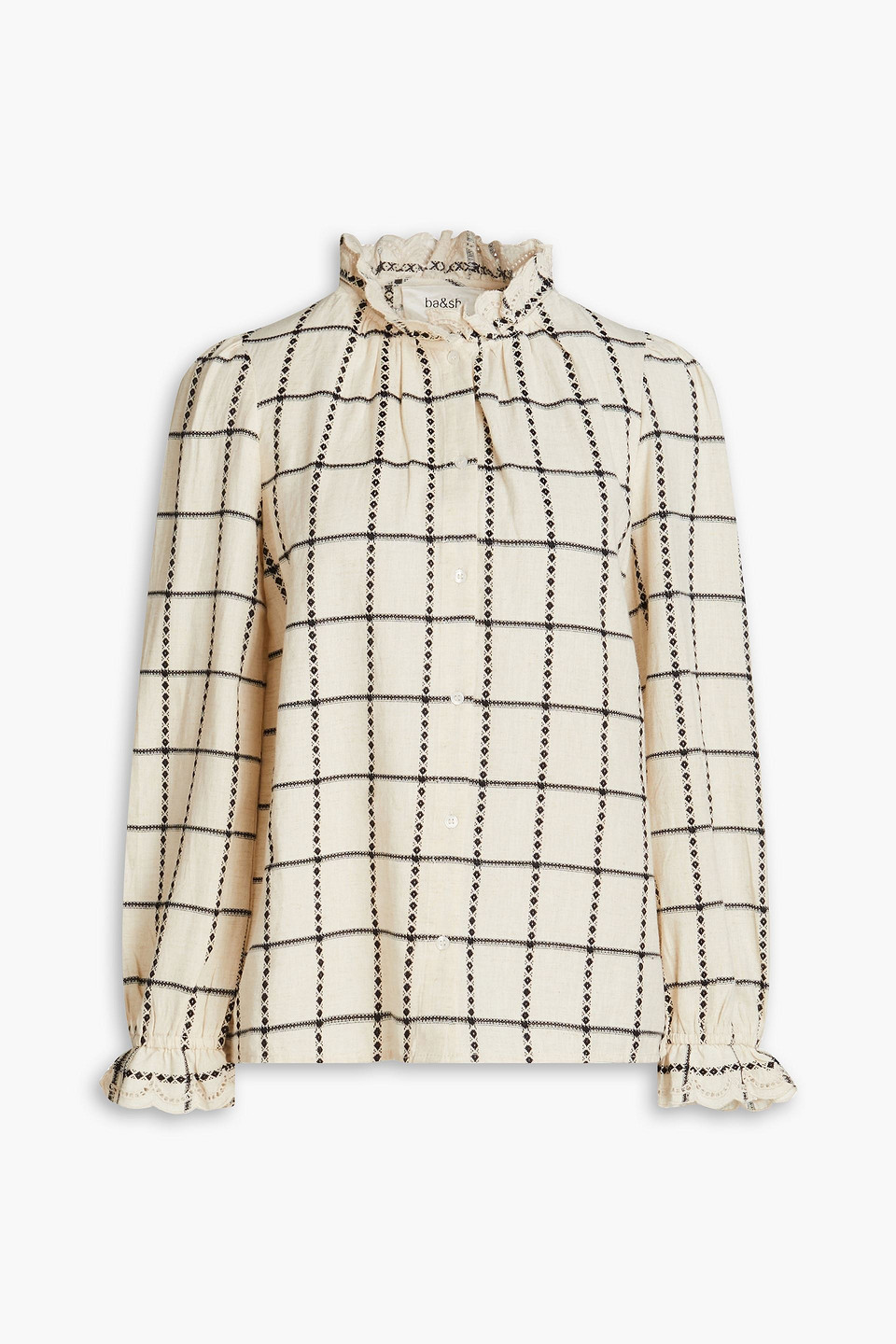 Ba&sh Patsy Lace-trimmed Checked Cotton And Linen-blend Blouse In Neutral