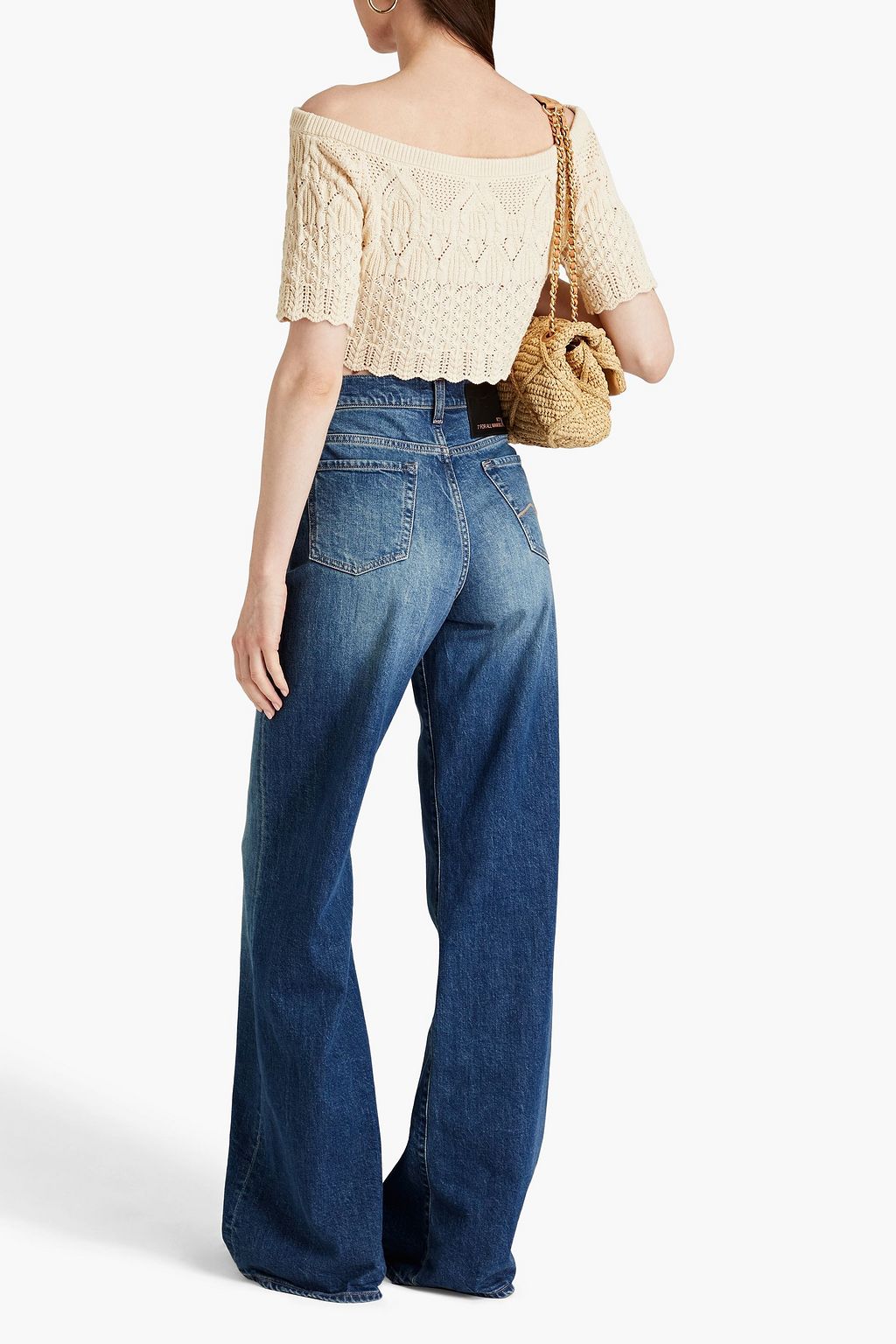 BA&SH Jensen off-the-shoulder cropped pointelle-knit cotton sweater