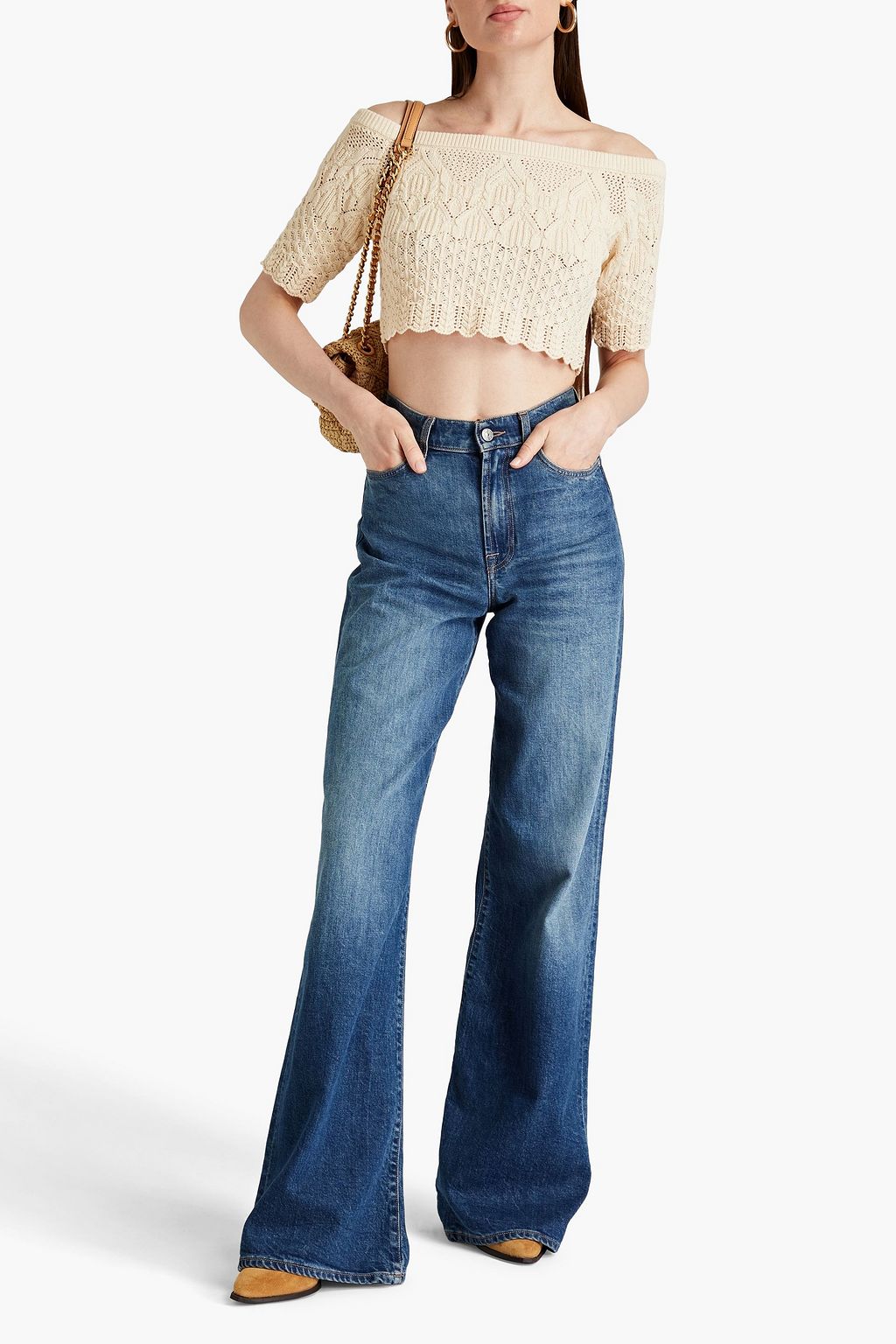 BA&SH Jensen off-the-shoulder cropped pointelle-knit cotton sweater