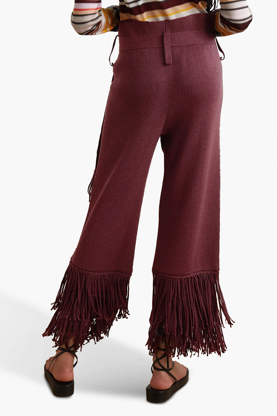 Shop Lukhanyo Mdingi Fringed Metallic Merino Wool-blend Wide-leg Pants In Burgundy