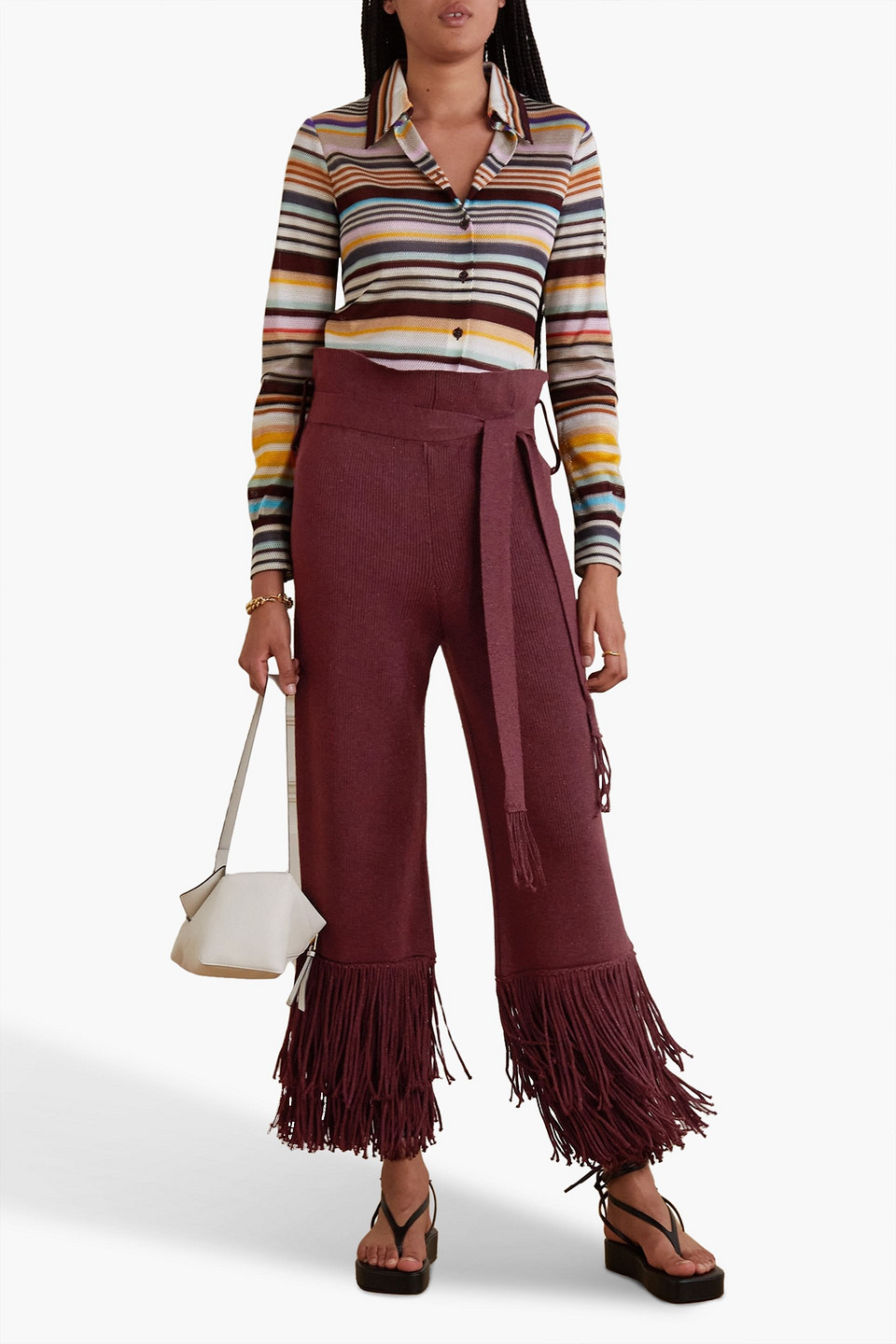 Shop Lukhanyo Mdingi Fringed Metallic Merino Wool-blend Wide-leg Pants In Burgundy