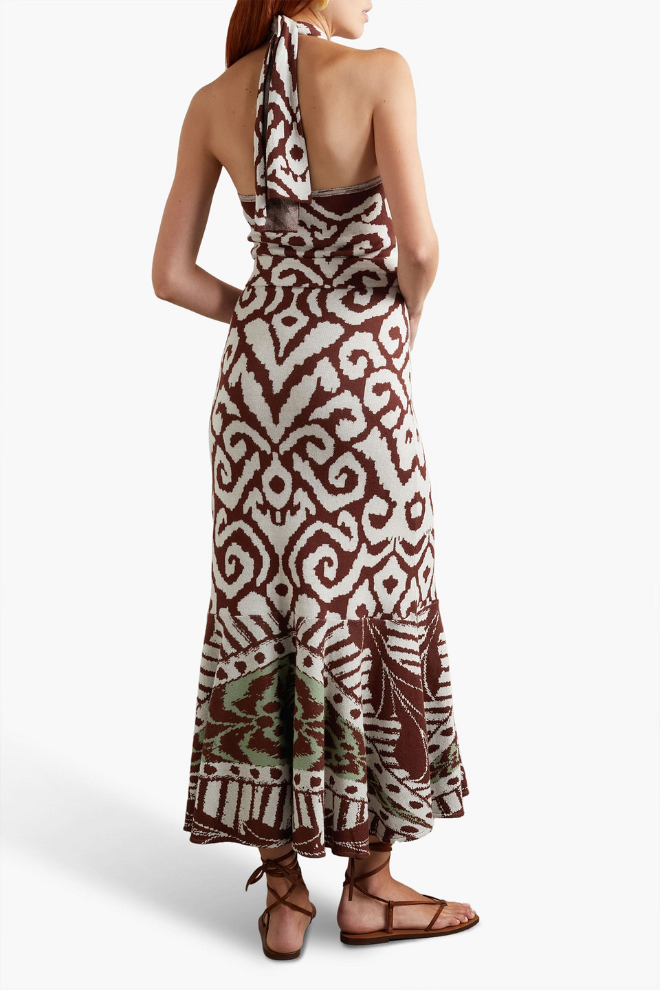 Antique Dialogues Jacquard-knit Pima Cotton Halterneck Midi Dress In Ecru/  Brown/ Jade