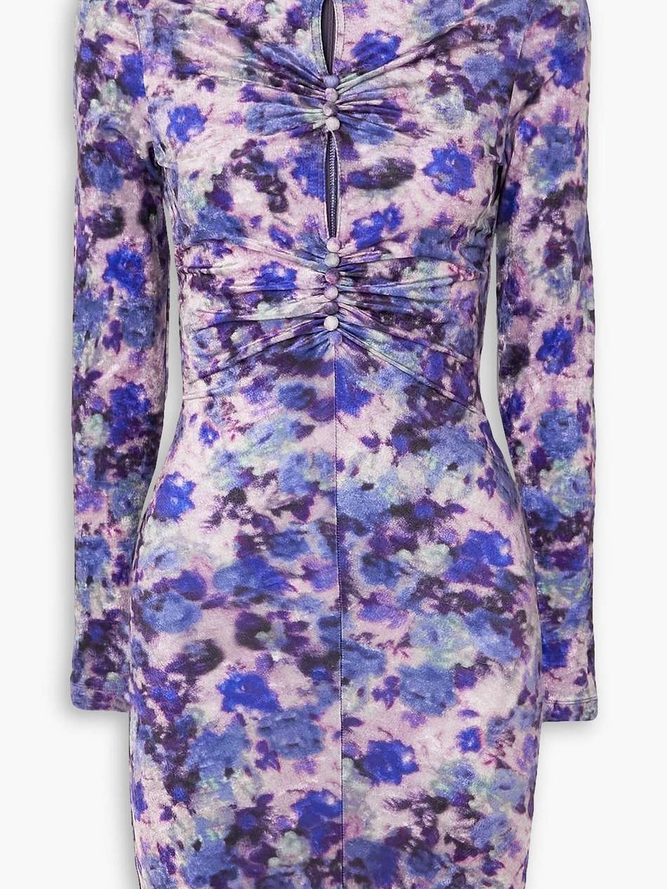 cutout ruched printed stretch-velvet mini dress