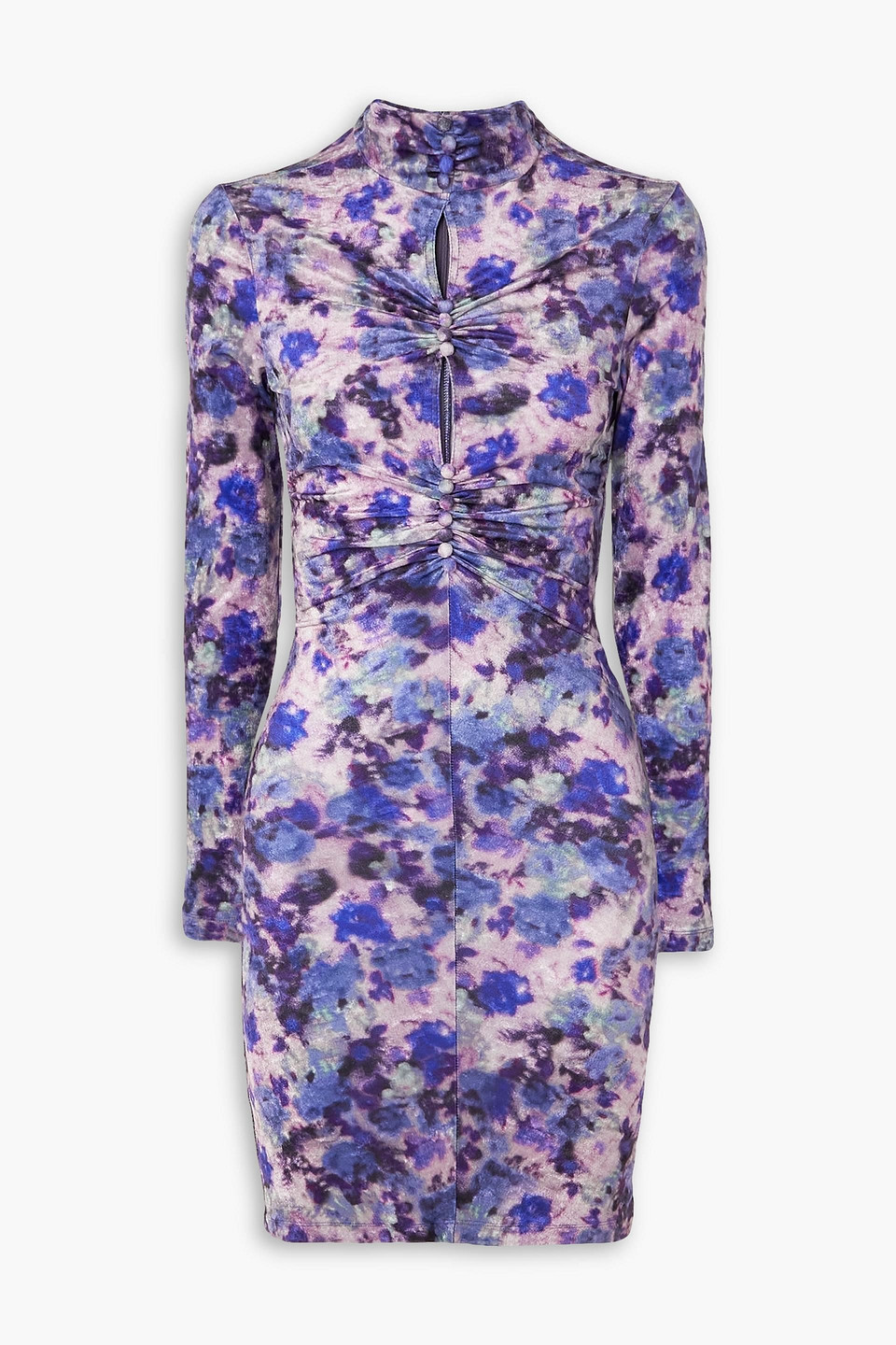 Isabel Marant Cutout Ruched Floral Print Stretch-velvet Mini Dress In Purple