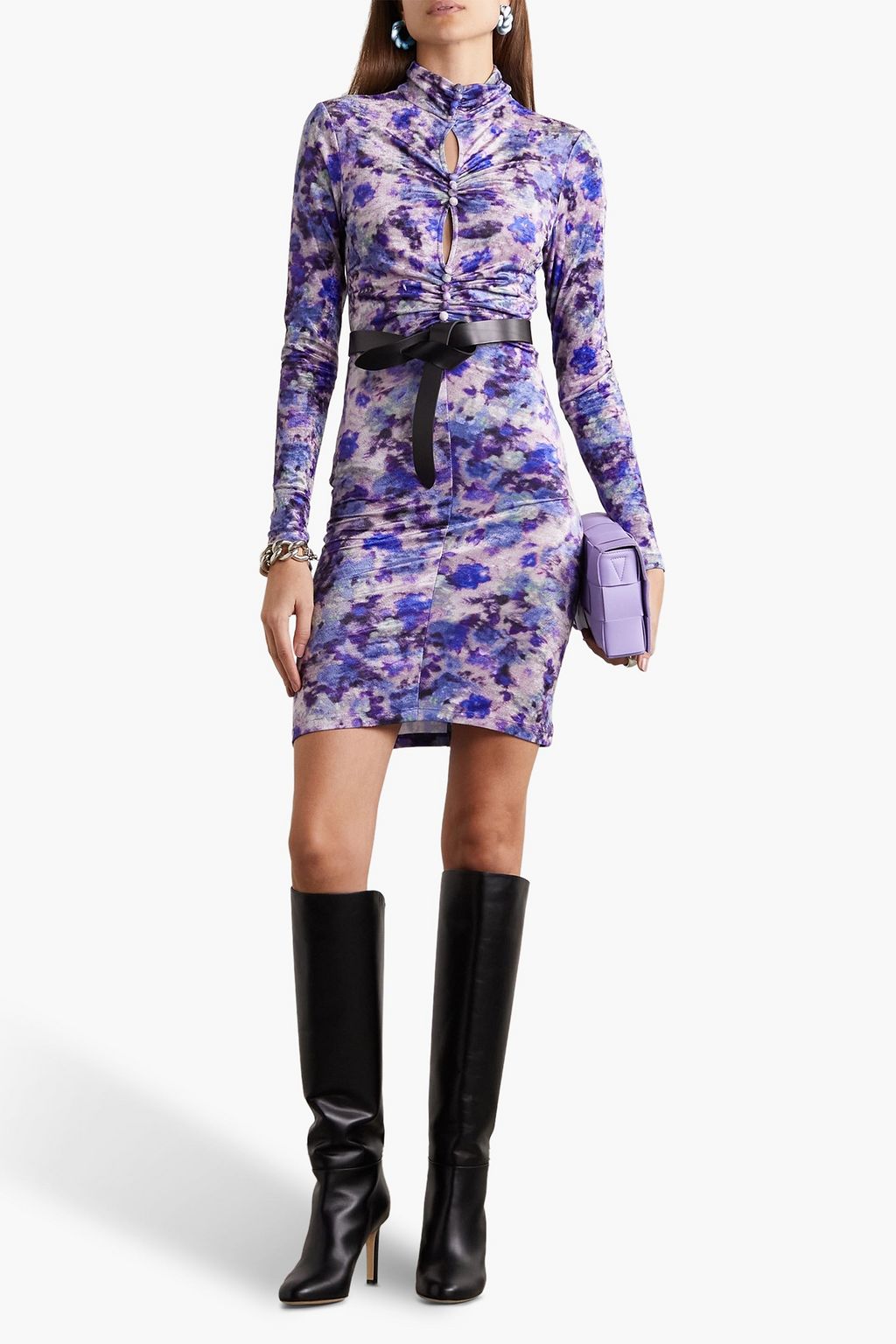ISABEL MARANT Cutout ruched printed stretch-velvet mini dress