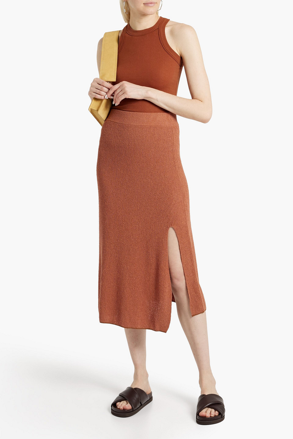 Shop Rag & Bone Soleil Ribbed Cotton-blend Midi Skirt In Brown