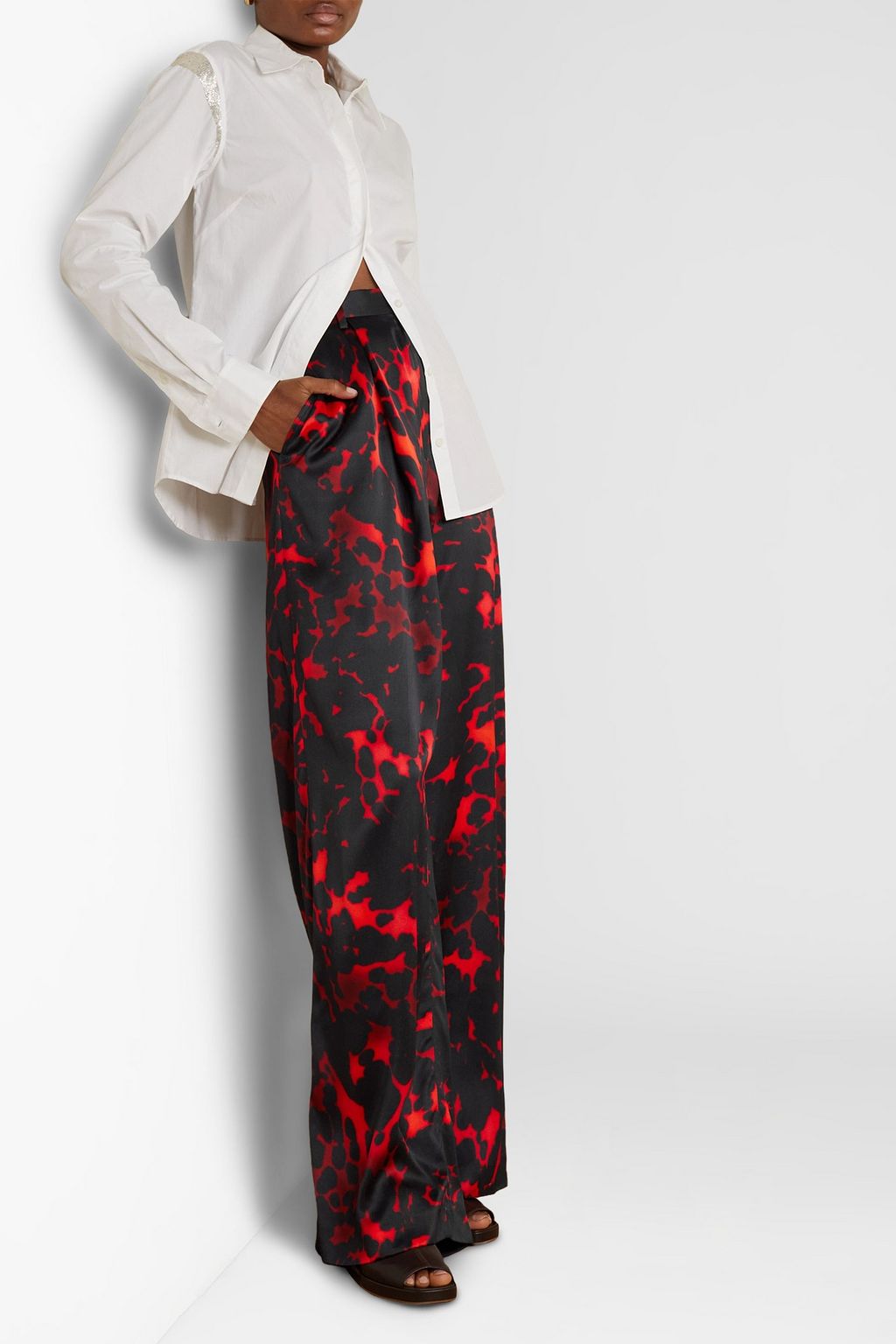 DRIES VAN NOTEN 플리츠 디테일 프린트 새틴 와이드 레그 팬츠