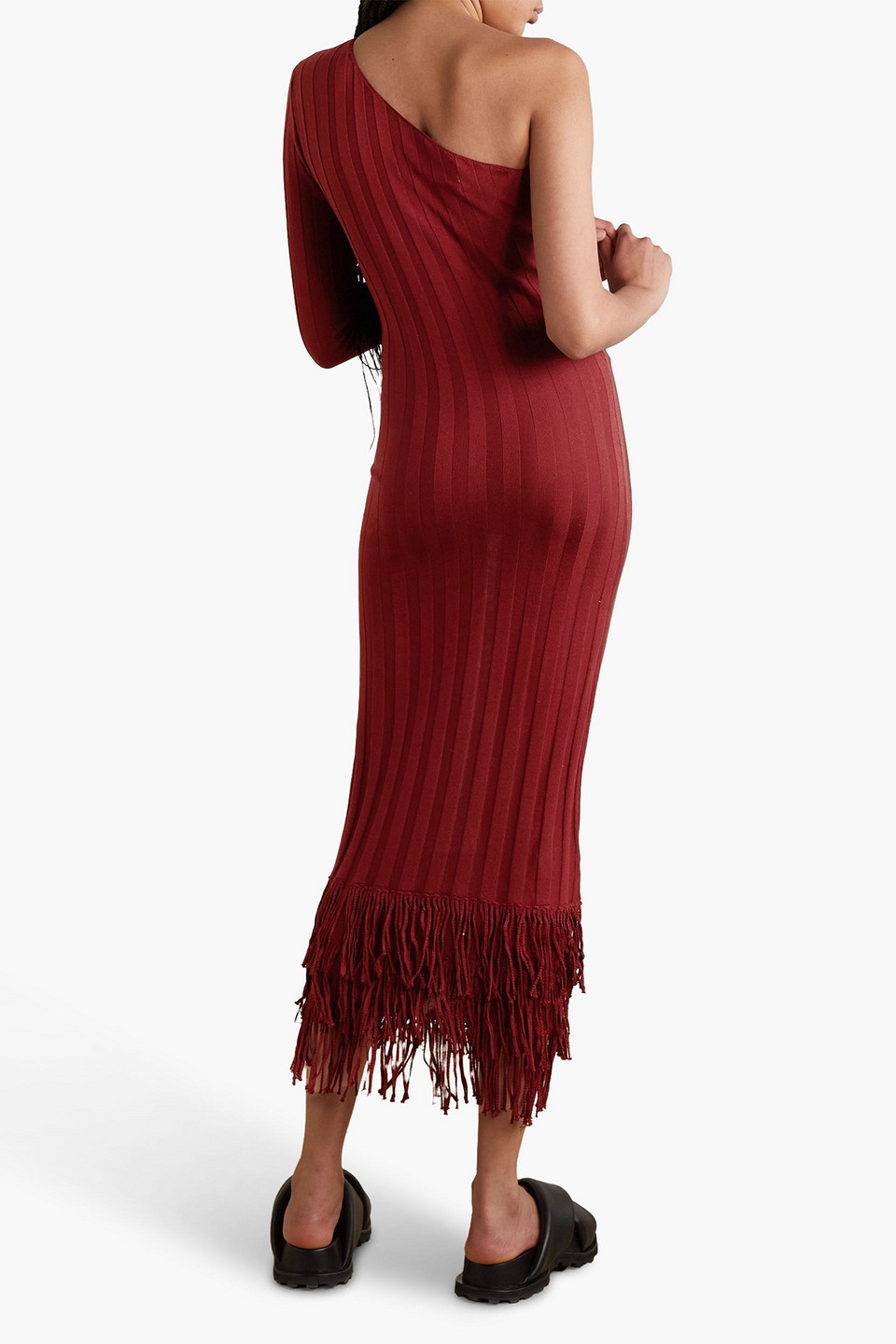 Shop Lukhanyo Mdingi One-shoulder Fringed Silk Midi Dress In Brick