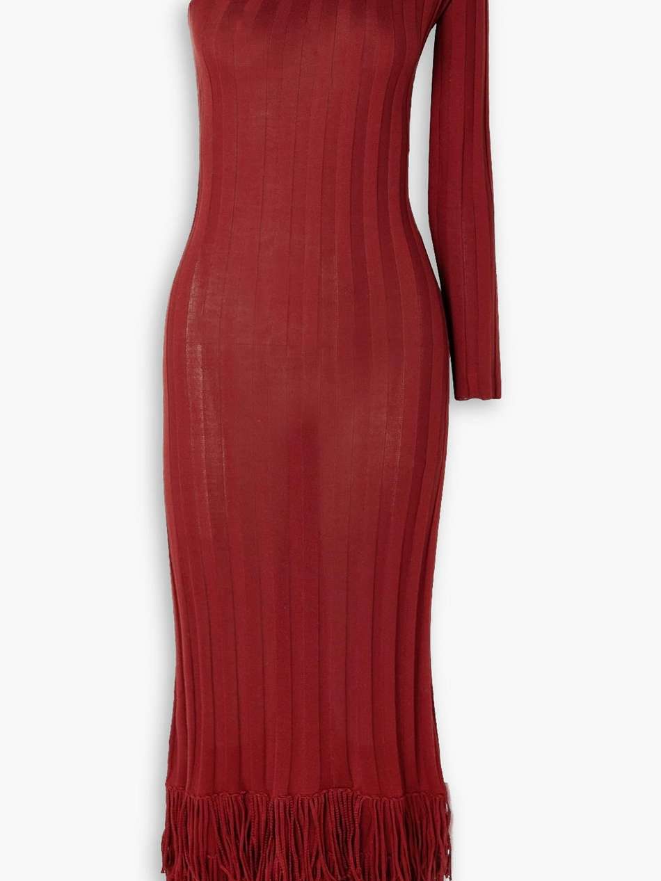 one-shoulder fringed silk midi dress