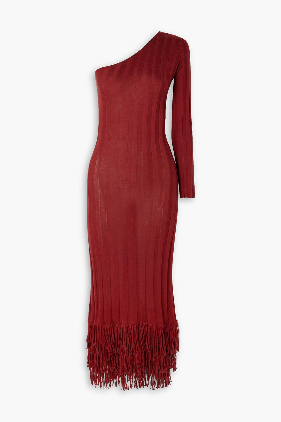 Lukhanyo Mdingi One-shoulder Fringed Silk Midi Dress In Brick