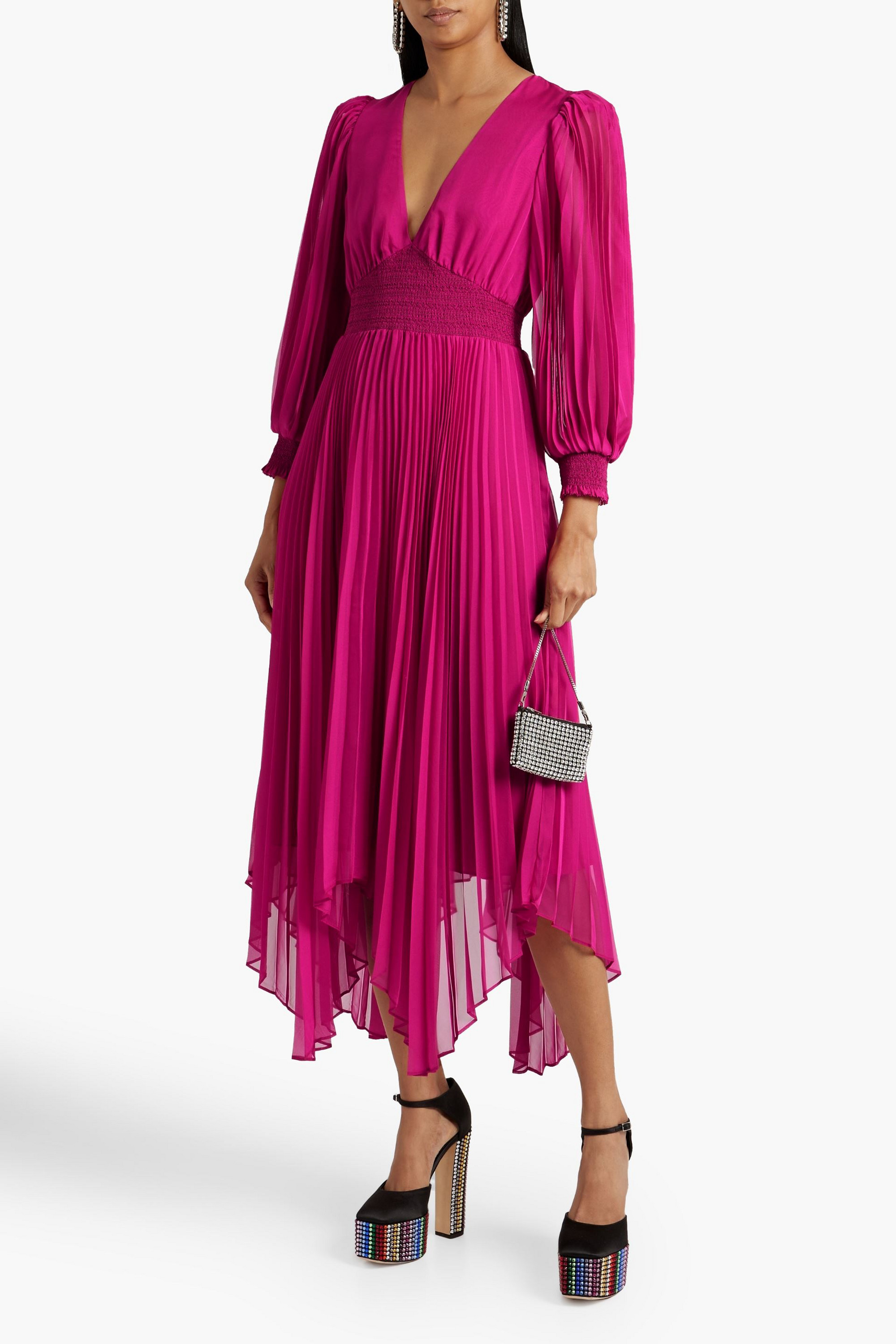 alice + olivia Sion smocked pleated chiffon midi dress